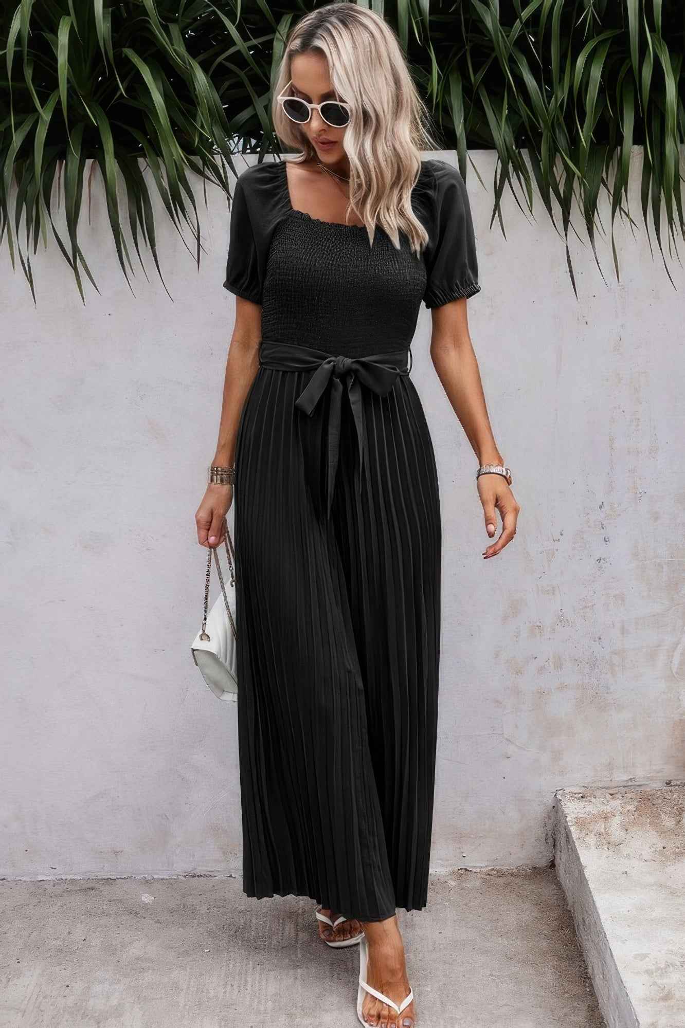 Square Neck Ruffle Trim Belted Pleated Jumpsuit Square Neck Ruffle Trim Belted Pleated Jumpsuit