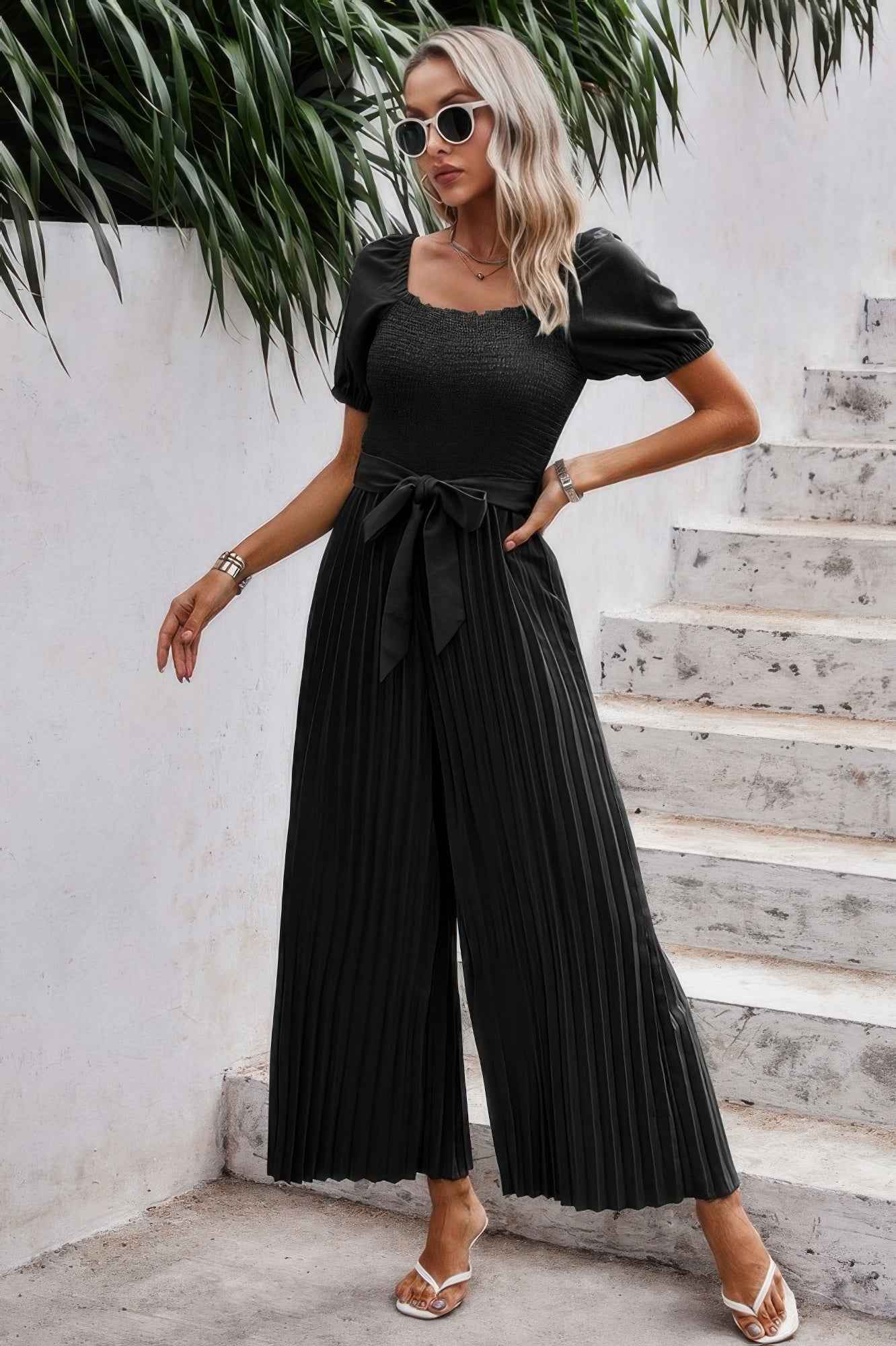 Square Neck Ruffle Trim Belted Pleated Jumpsuit Square Neck Ruffle Trim Belted Pleated Jumpsuit