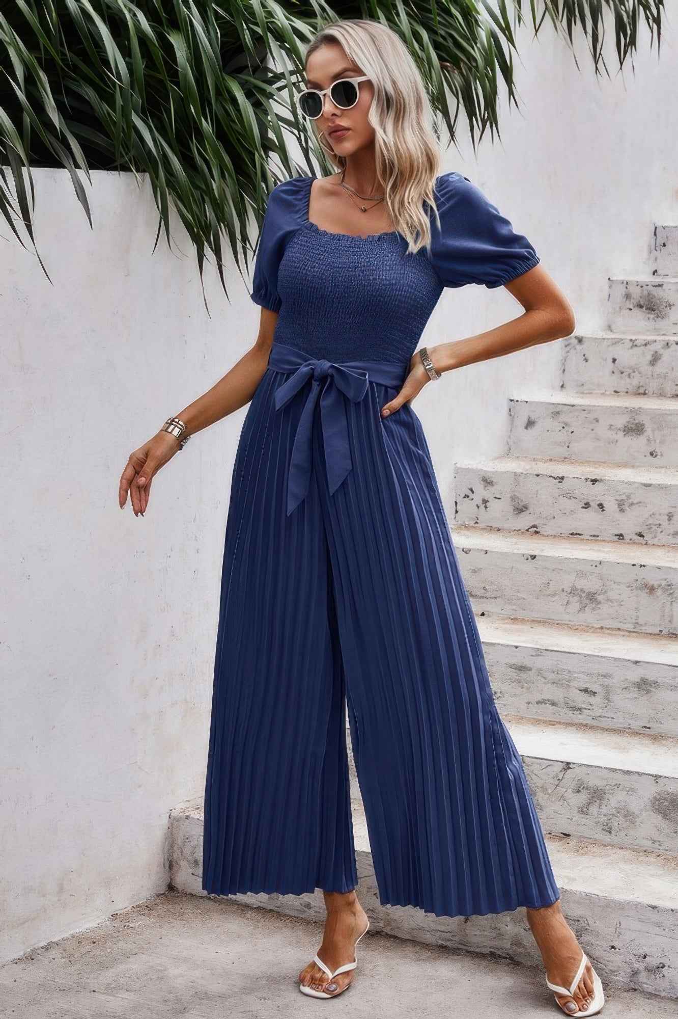 Square Neck Ruffle Trim Belted Pleated Jumpsuit Square Neck Ruffle Trim Belted Pleated Jumpsuit