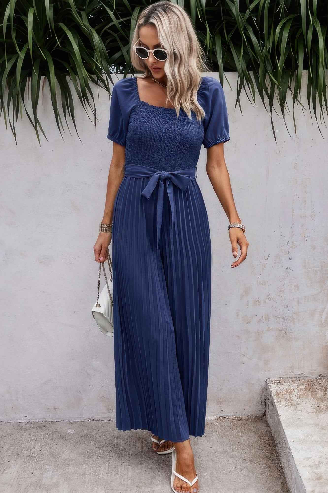 Square Neck Ruffle Trim Belted Pleated Jumpsuit Square Neck Ruffle Trim Belted Pleated Jumpsuit