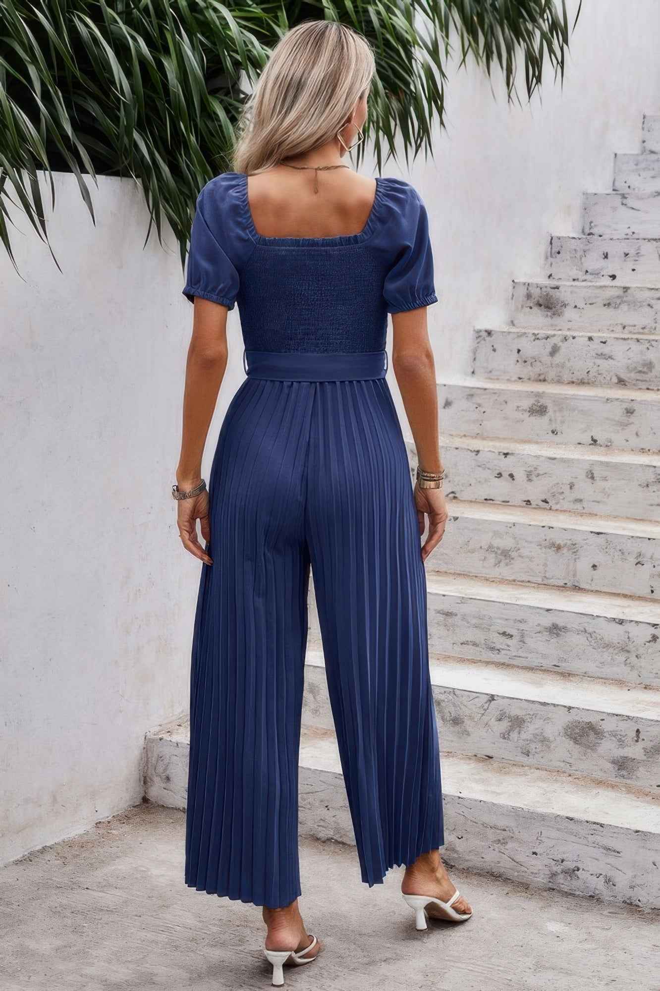 Square Neck Ruffle Trim Belted Pleated Jumpsuit Square Neck Ruffle Trim Belted Pleated Jumpsuit
