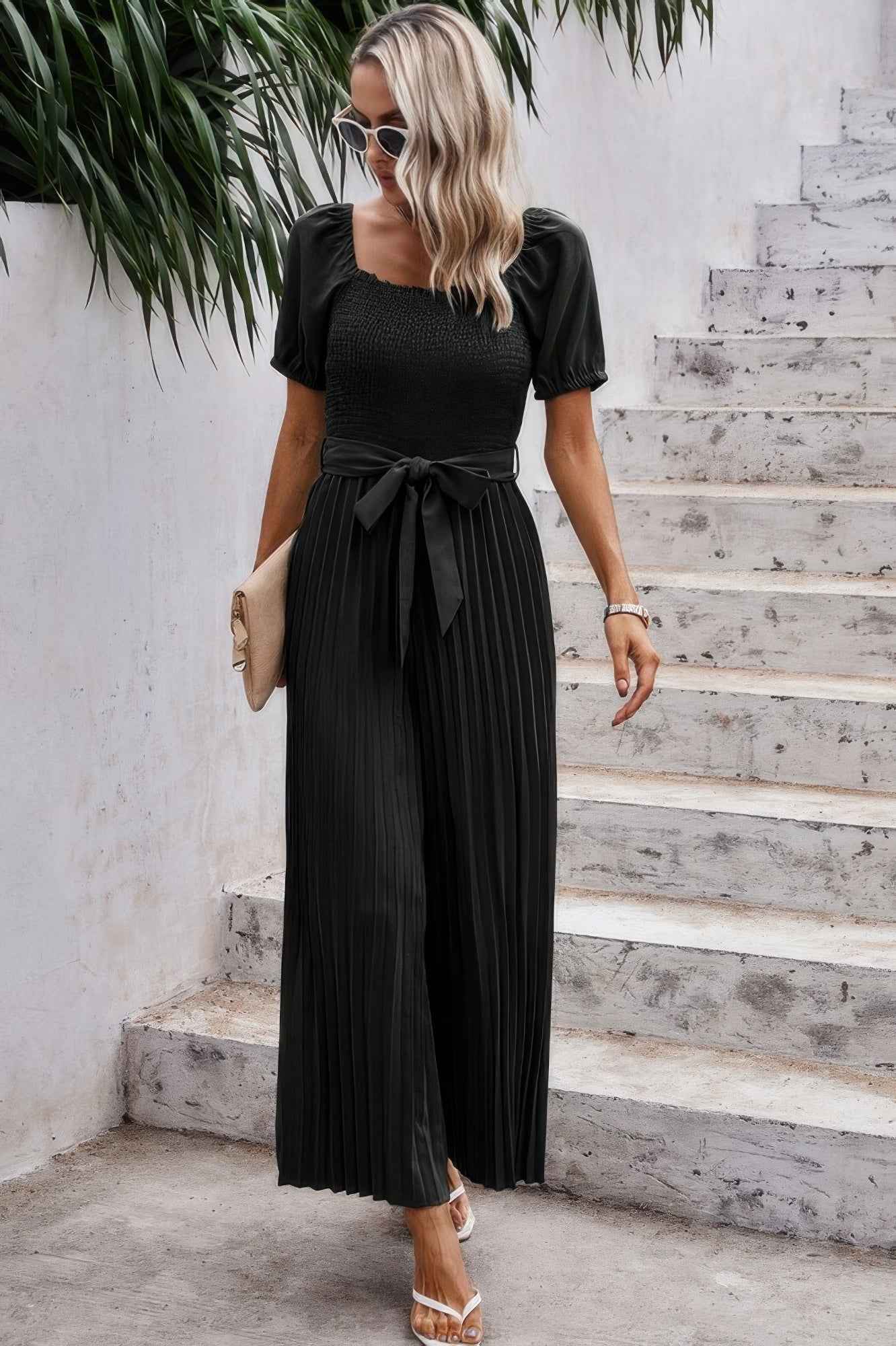 Square Neck Ruffle Trim Belted Pleated Jumpsuit Square Neck Ruffle Trim Belted Pleated Jumpsuit