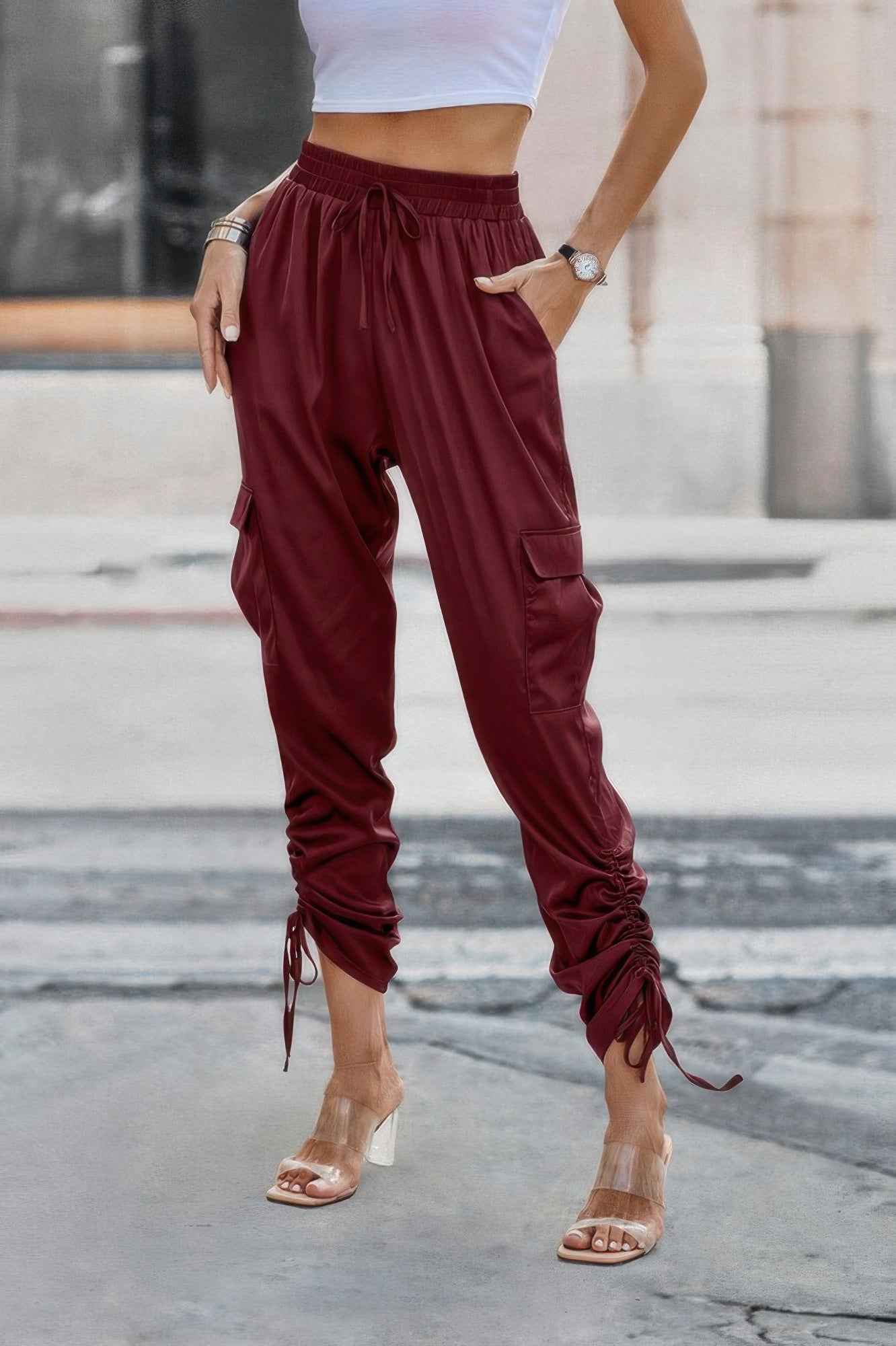 Solid Drawstring Hem Flap Pocket Side Stacked Pant Solid Drawstring Hem Flap Pocket Side Stacked Pant