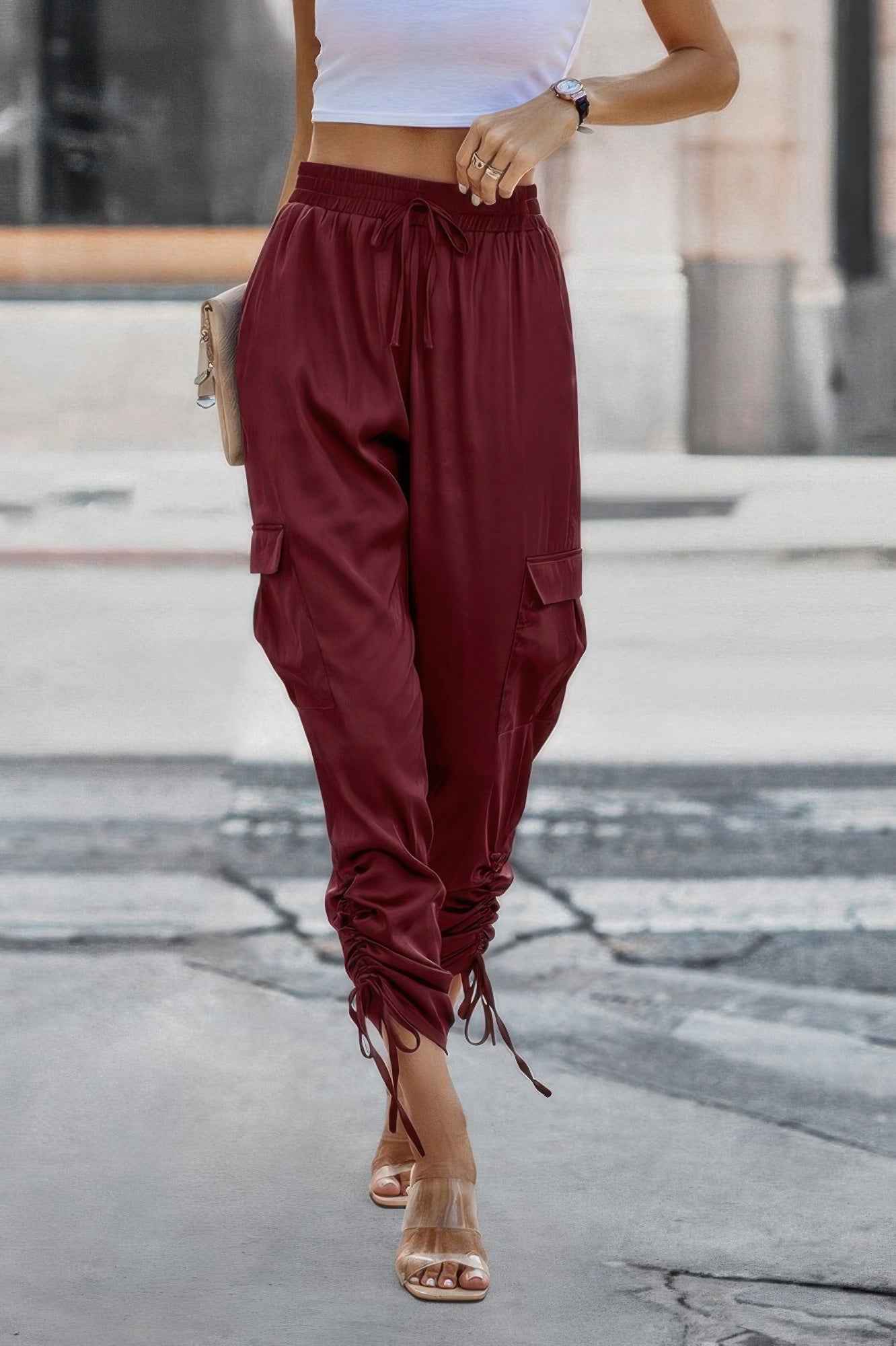 Solid Drawstring Hem Flap Pocket Side Stacked Pant Solid Drawstring Hem Flap Pocket Side Stacked Pant