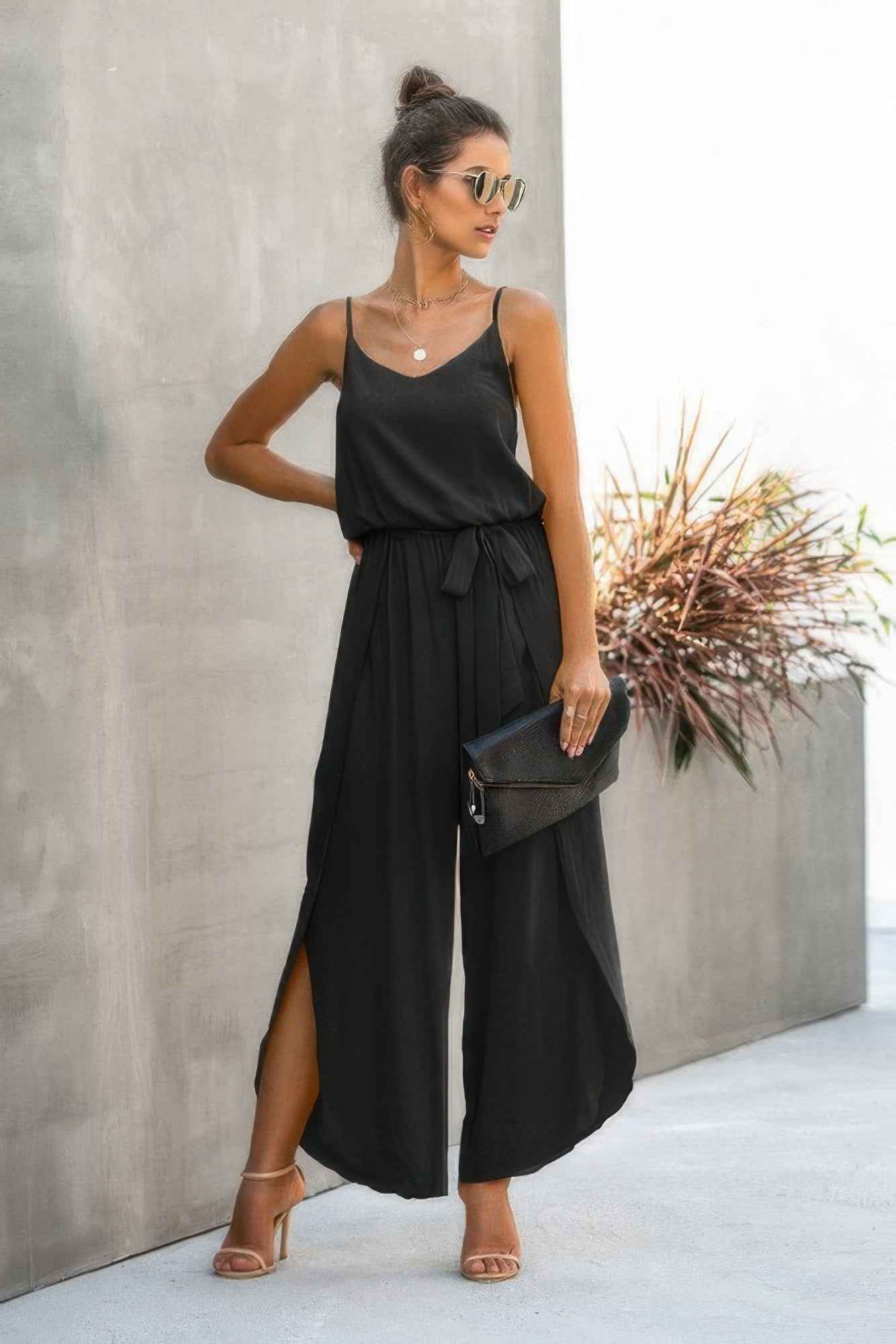 V Neck Suspenders Wide Leg Side Slit Jumpsuit V Neck Suspenders Wide Leg Side Slit Jumpsuit
