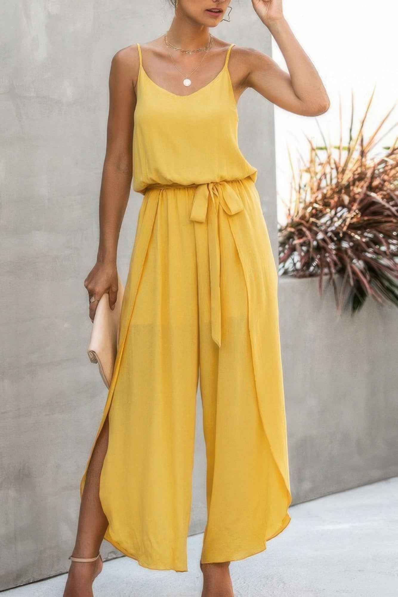 V Neck Suspenders Wide Leg Side Slit Jumpsuit V Neck Suspenders Wide Leg Side Slit Jumpsuit