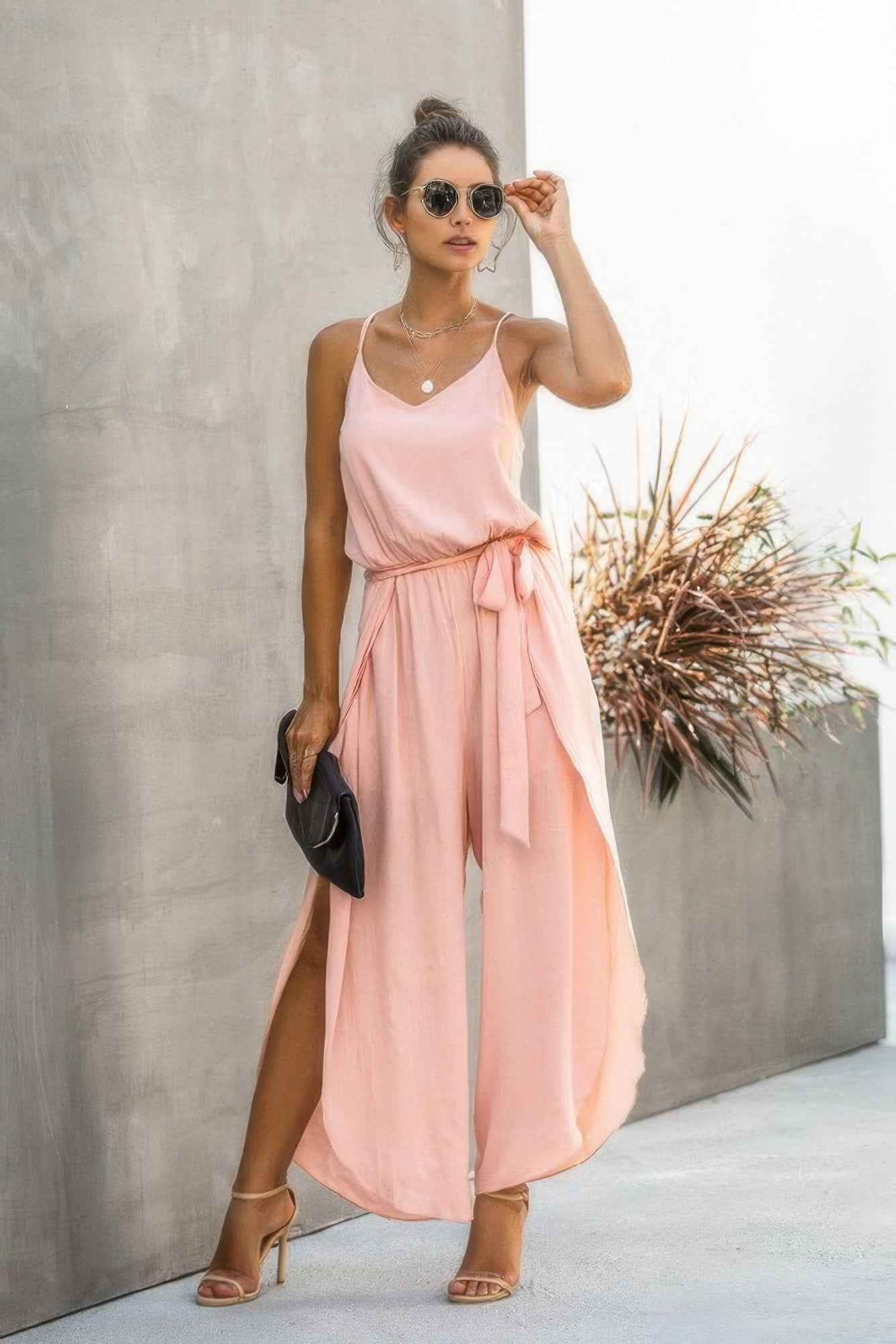 V Neck Suspenders Wide Leg Side Slit Jumpsuit V Neck Suspenders Wide Leg Side Slit Jumpsuit
