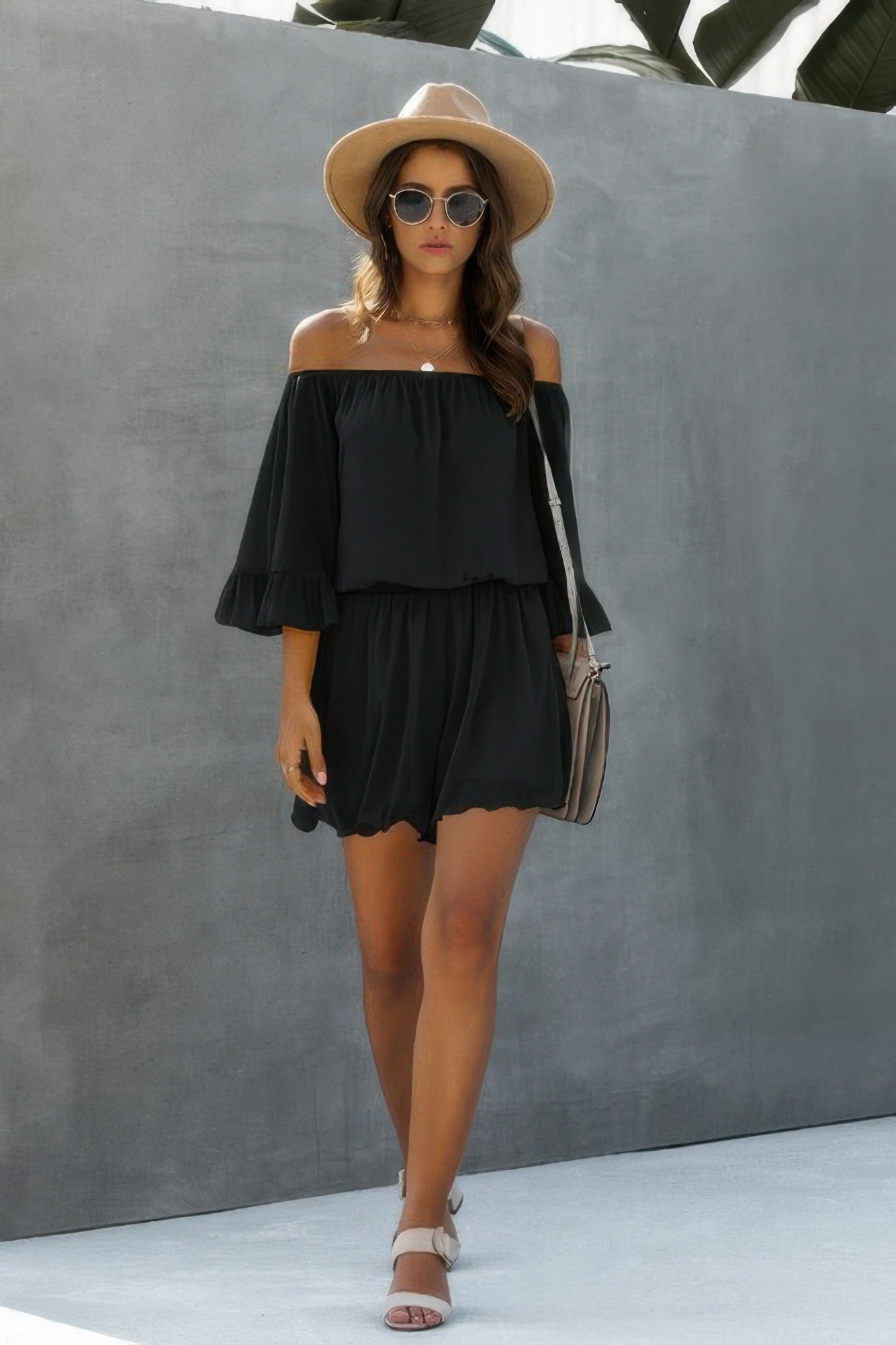 Chiffon Off Shoulder Flare Sleeves Loose Fit Romper product image