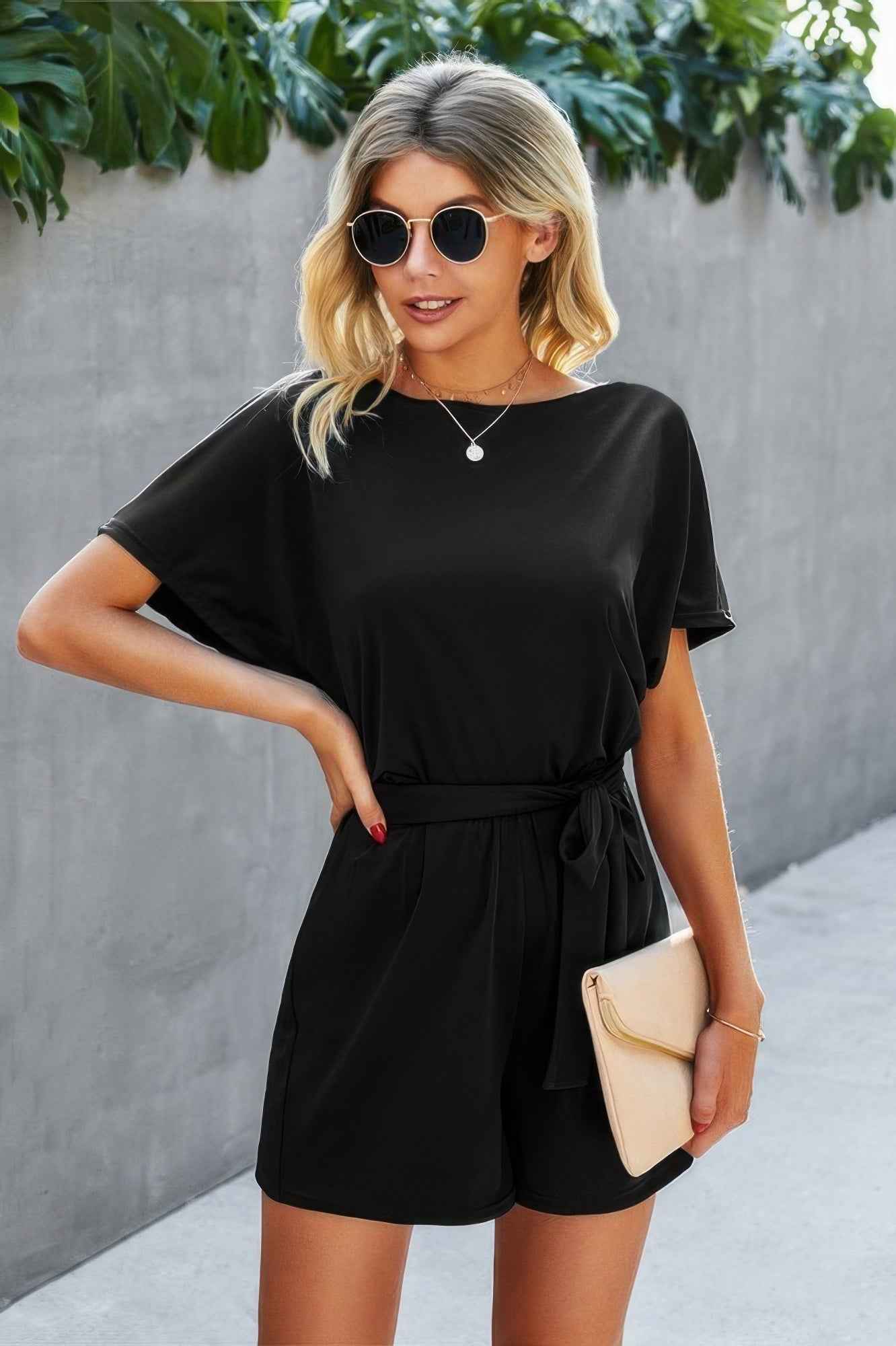 Boat Neck Short Sleeve Waist Tie Loose Romper Boat Neck Short Sleeve Waist Tie Loose Romper