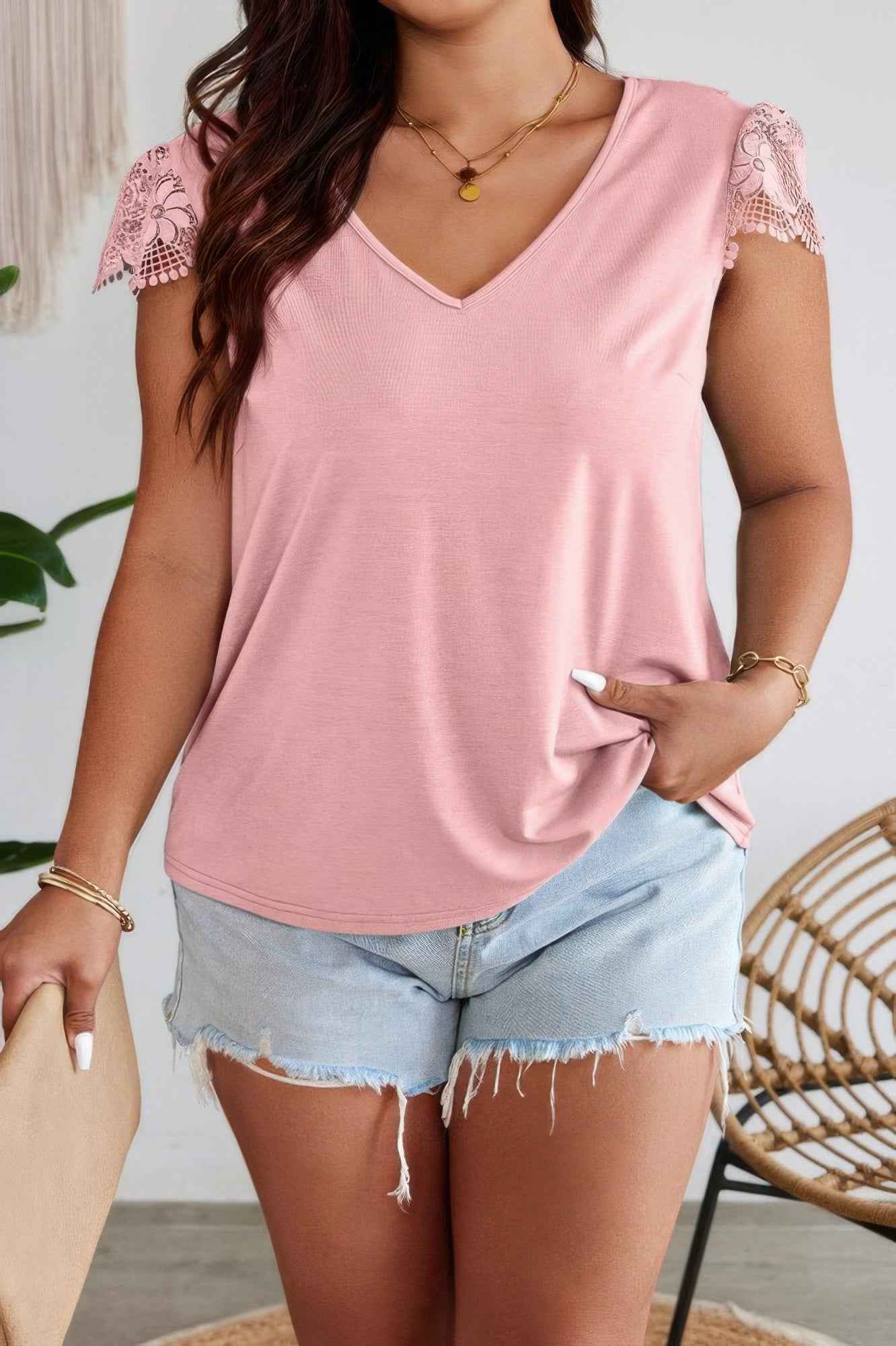Solid V Neck Lace Splicing Back Bowknot T Shirt Solid V Neck Lace Splicing Back Bowknot T Shirt