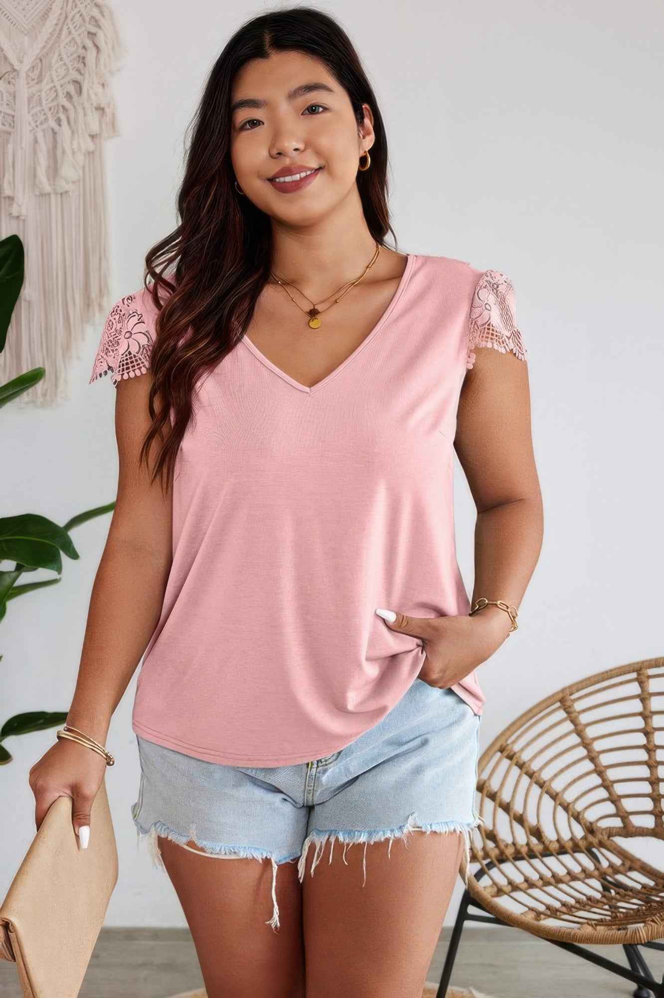 Solid V Neck Lace Splicing Back Bowknot T Shirt Solid V Neck Lace Splicing Back Bowknot T Shirt