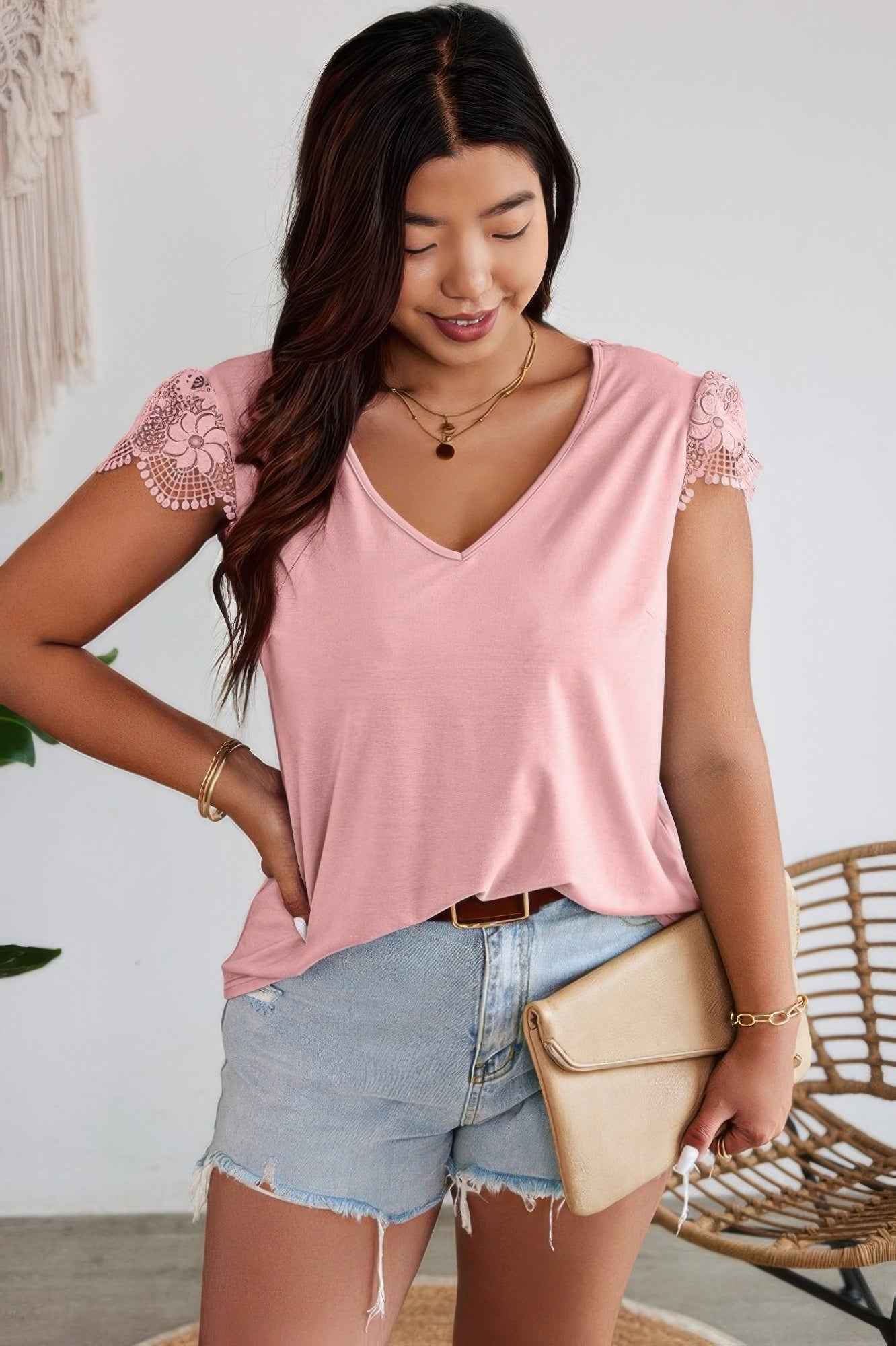 Solid V Neck Lace Splicing Back Bowknot T Shirt Solid V Neck Lace Splicing Back Bowknot T Shirt