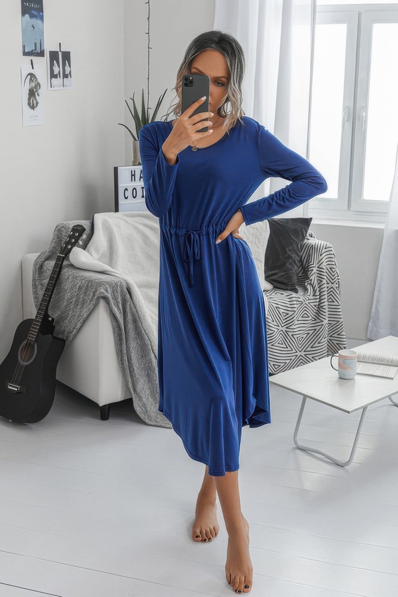 Solid Round Neck Long Sleeve Drawstring Dress product image