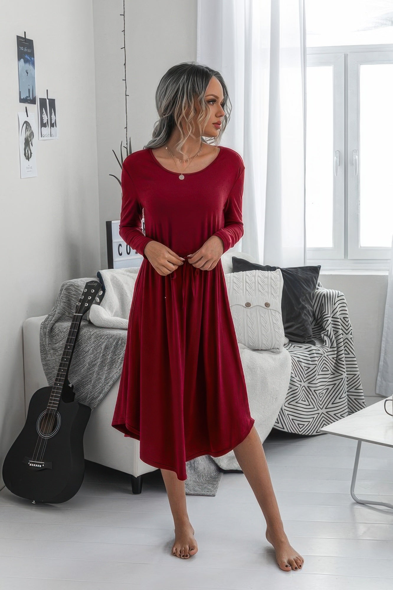 Solid Round Neck Long Sleeve Drawstring Dress product image