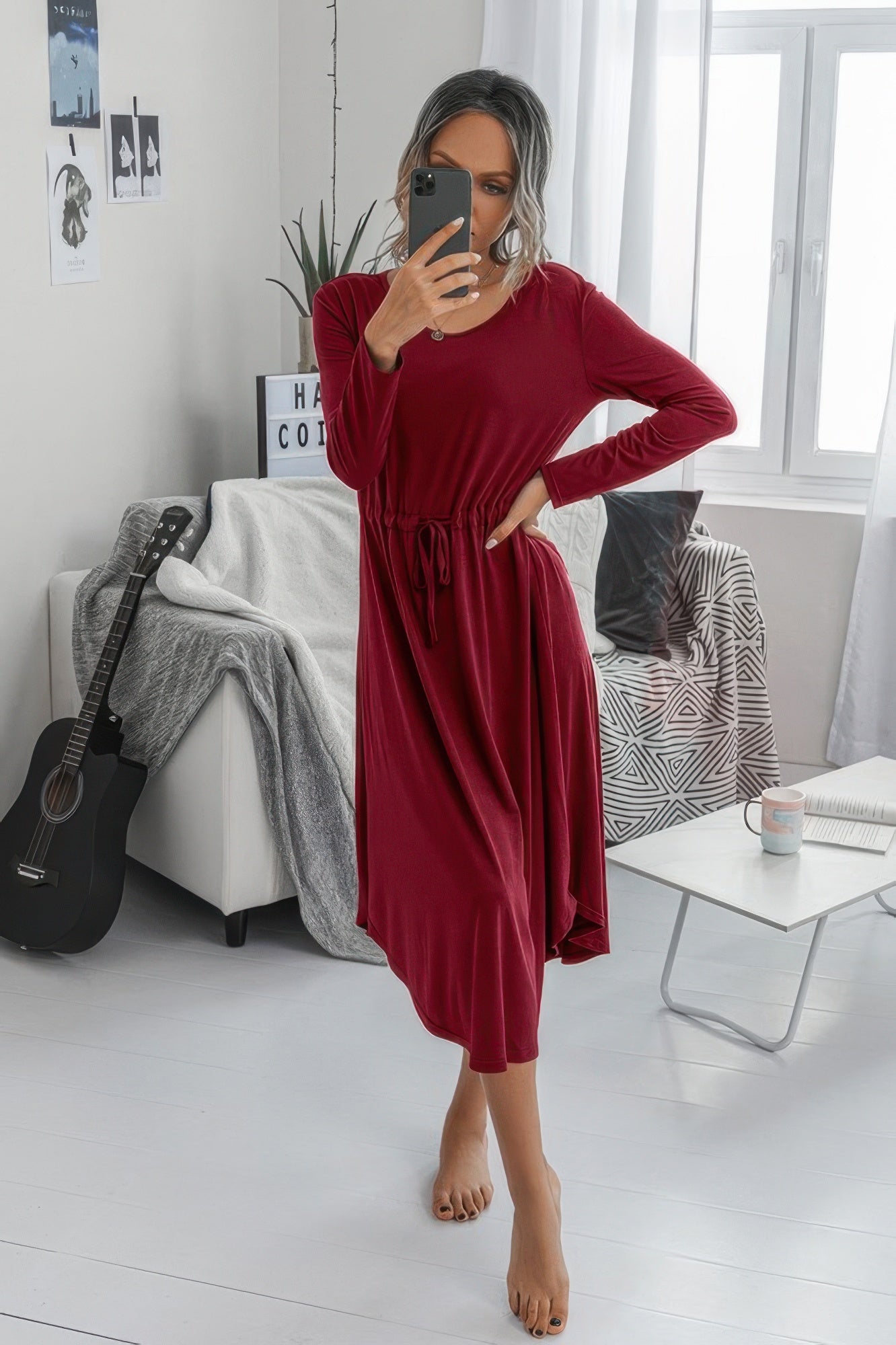 Solid Round Neck Long Sleeve Drawstring Dress product image