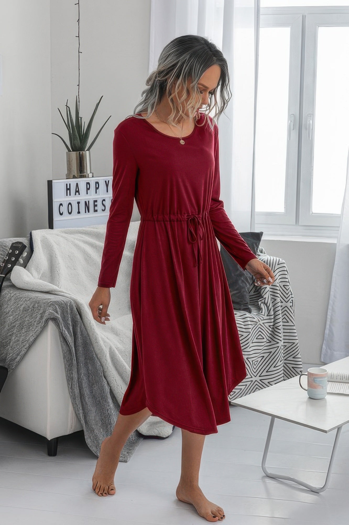 Solid Round Neck Long Sleeve Drawstring Dress product image