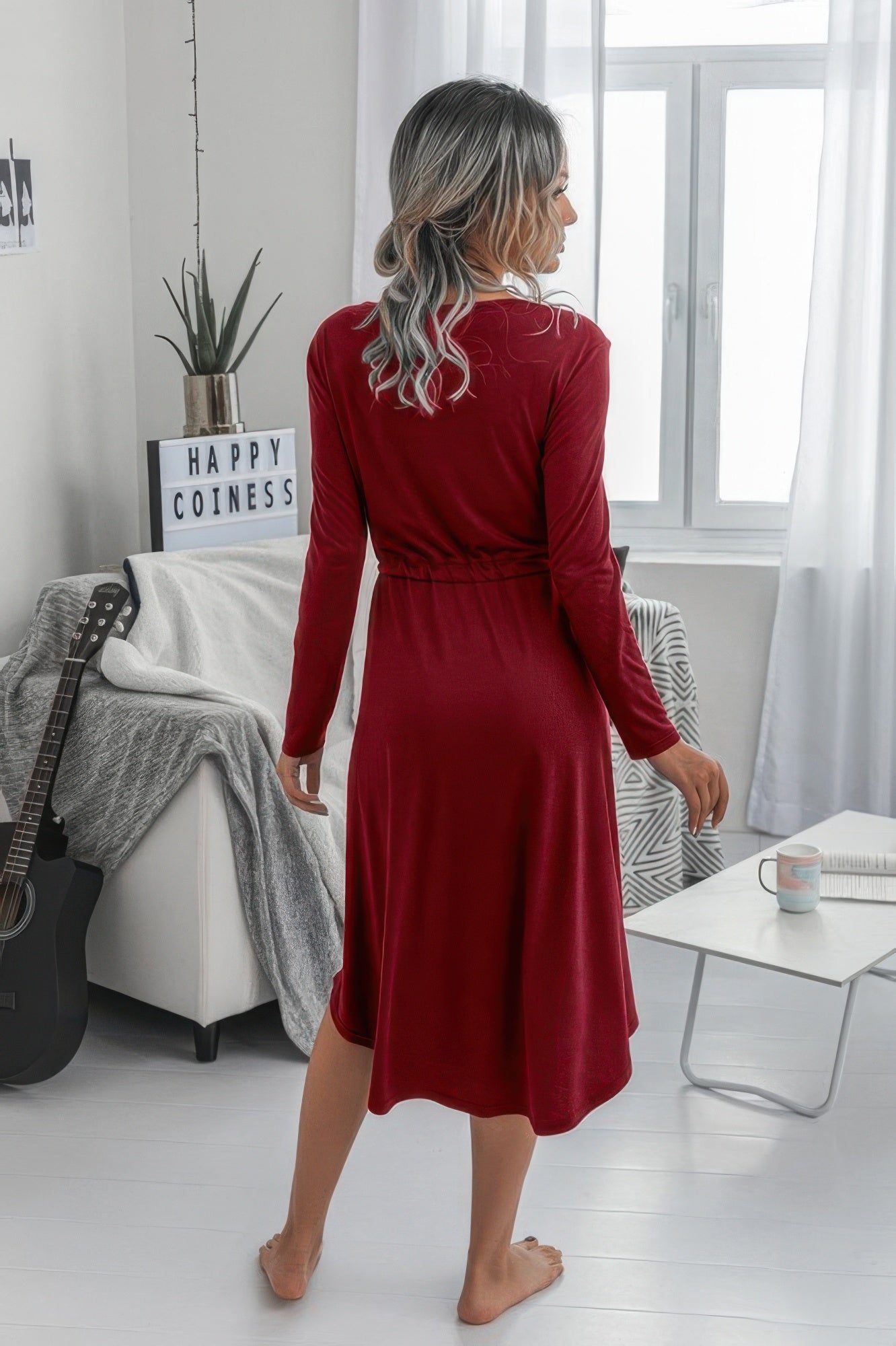 Solid Round Neck Long Sleeve Drawstring Dress product image