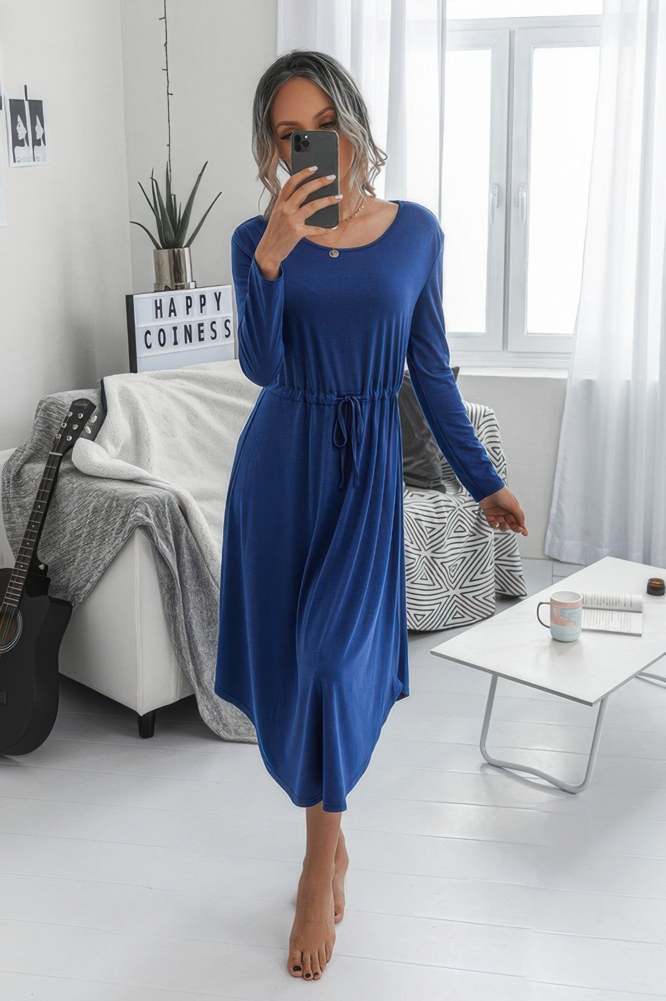 Solid Round Neck Long Sleeve Drawstring Dress product image