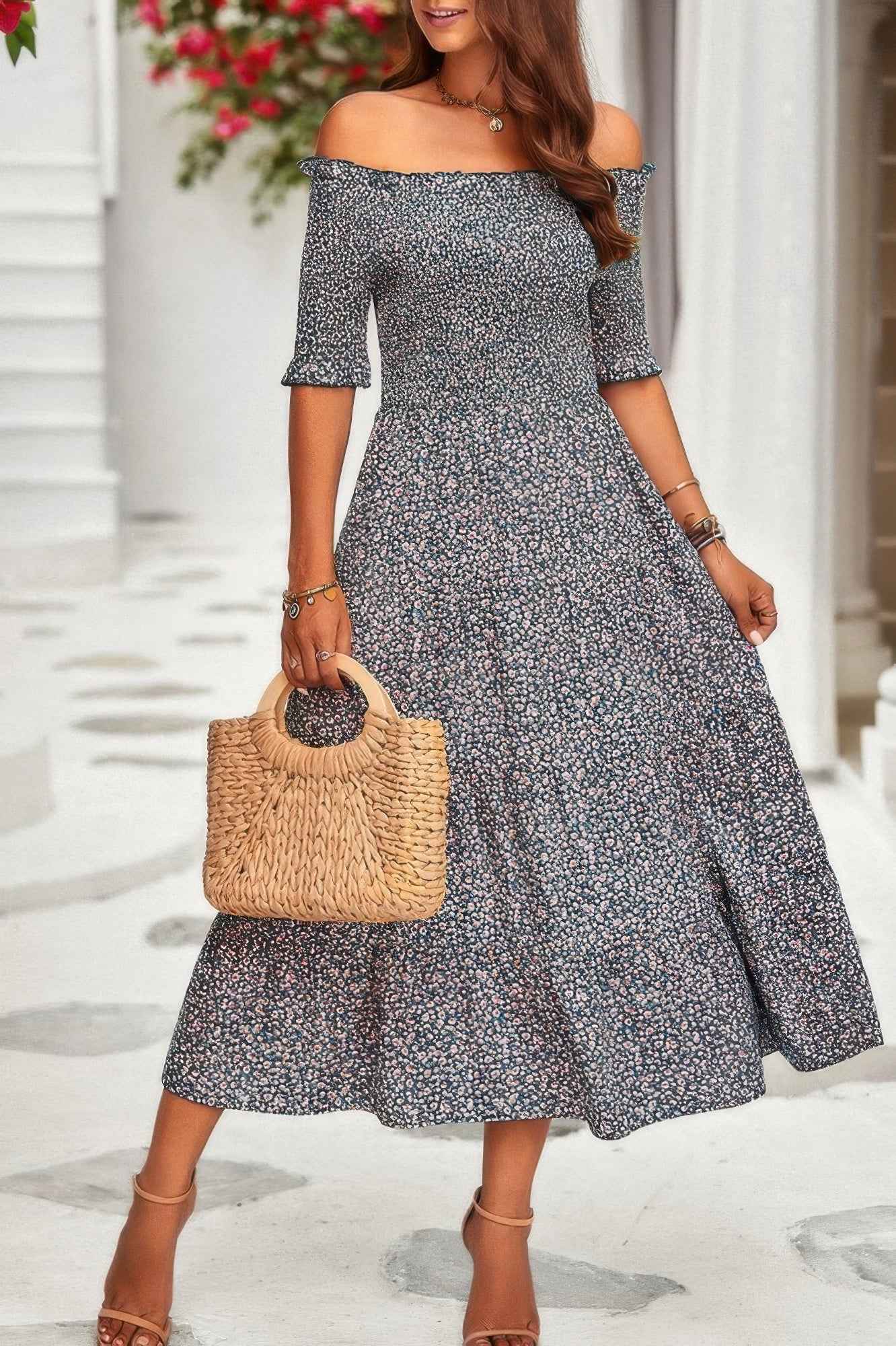 Boho Print Off Shoulder Ruffle Hem Floral Dress Boho Print Off Shoulder Ruffle Hem Floral Dress