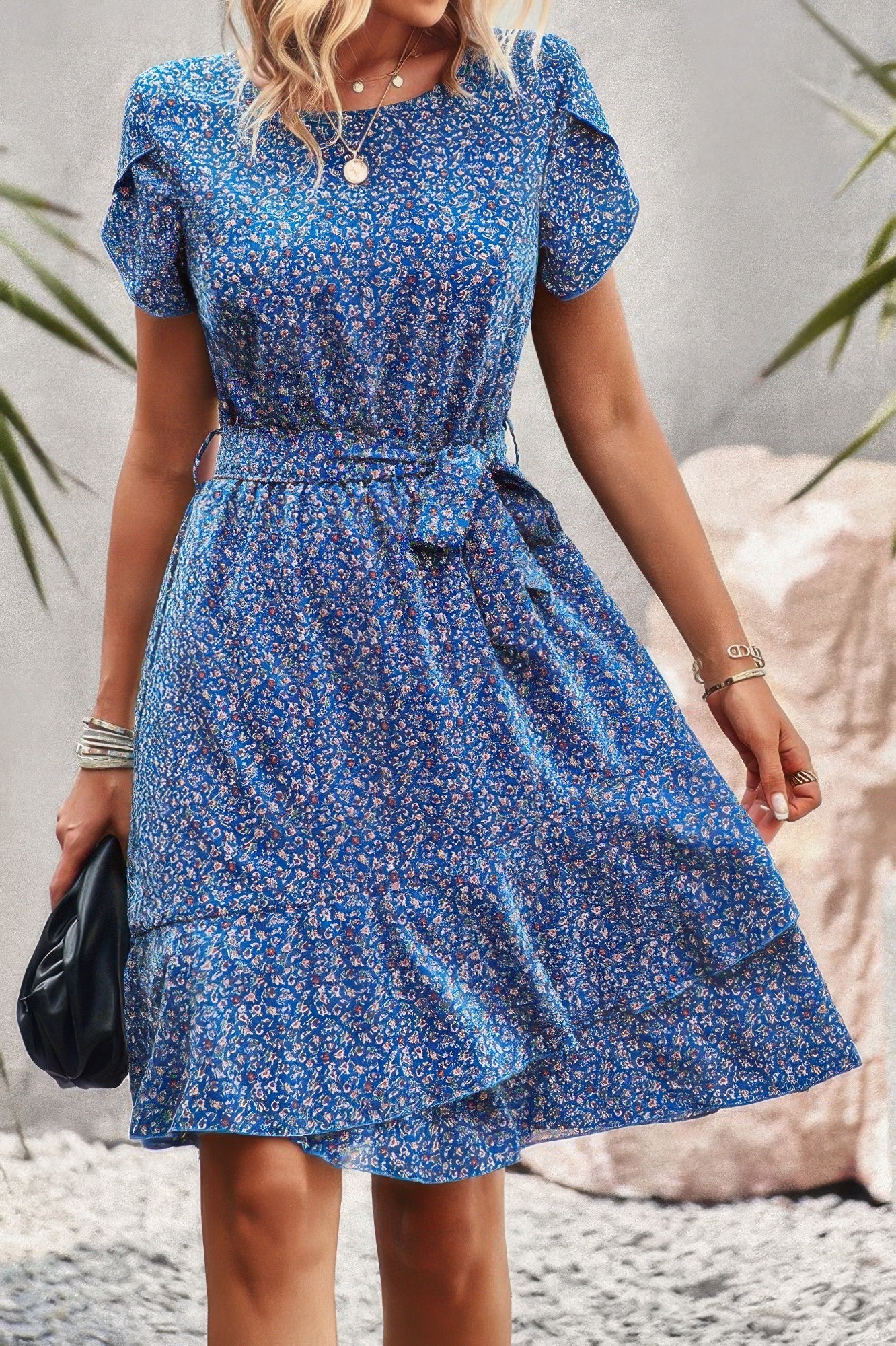 Floral Round Neck Slim Tiered A Line Ruffle Dress product image