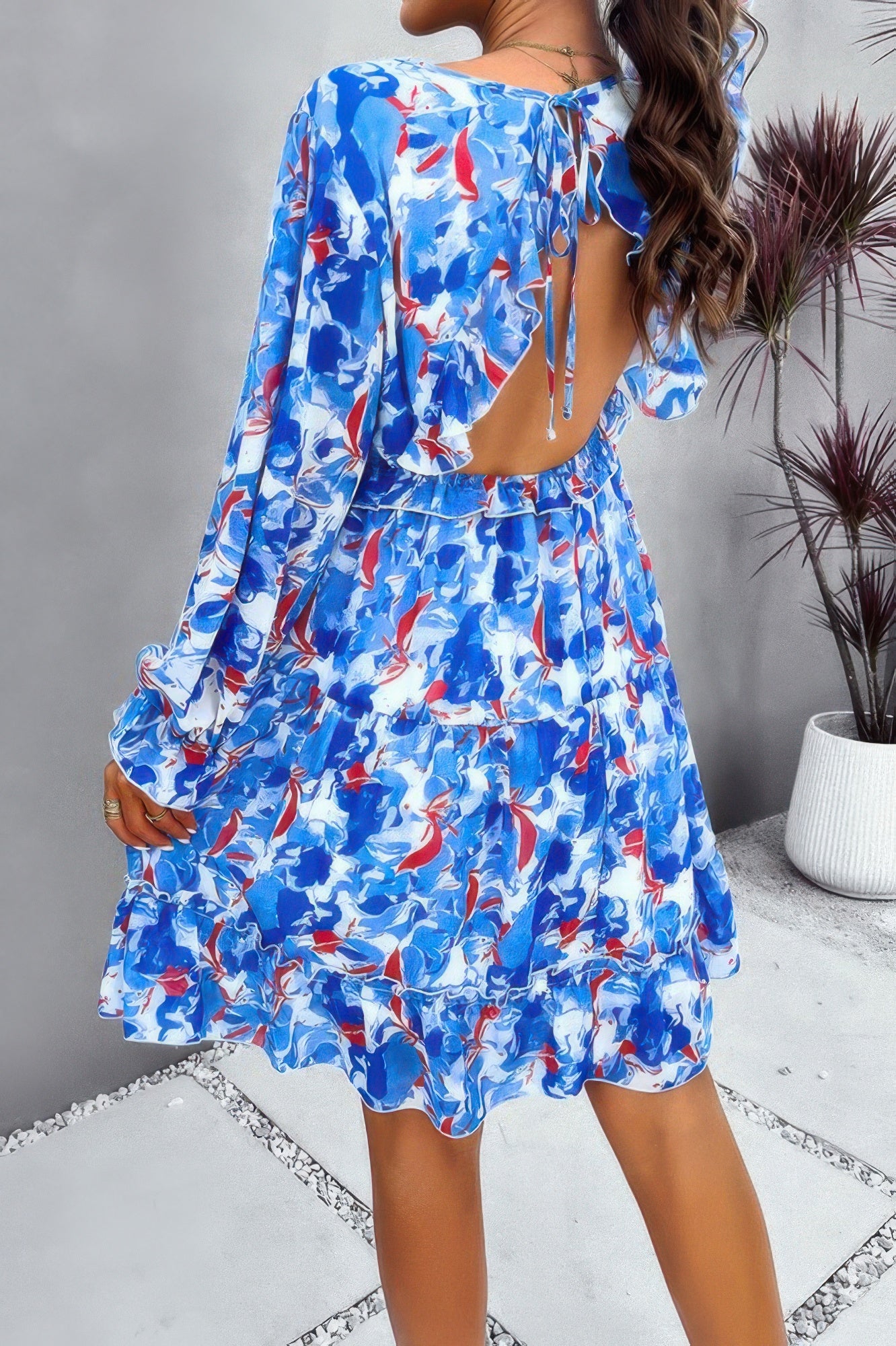 Elegant Printed V Neck Ruffled A Line Mini Dress product image