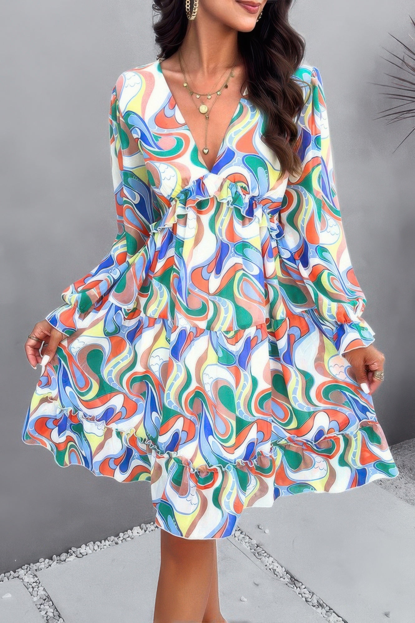 Elegant Printed V Neck Ruffled A Line Mini Dress product image