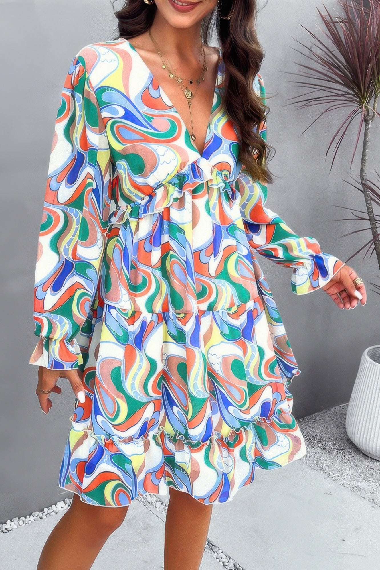 Elegant Printed V Neck Ruffled A Line Mini Dress product image