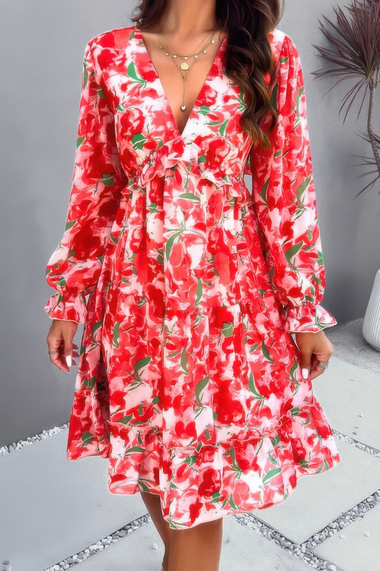 Elegant Printed V Neck Ruffled A Line Mini Dress product image