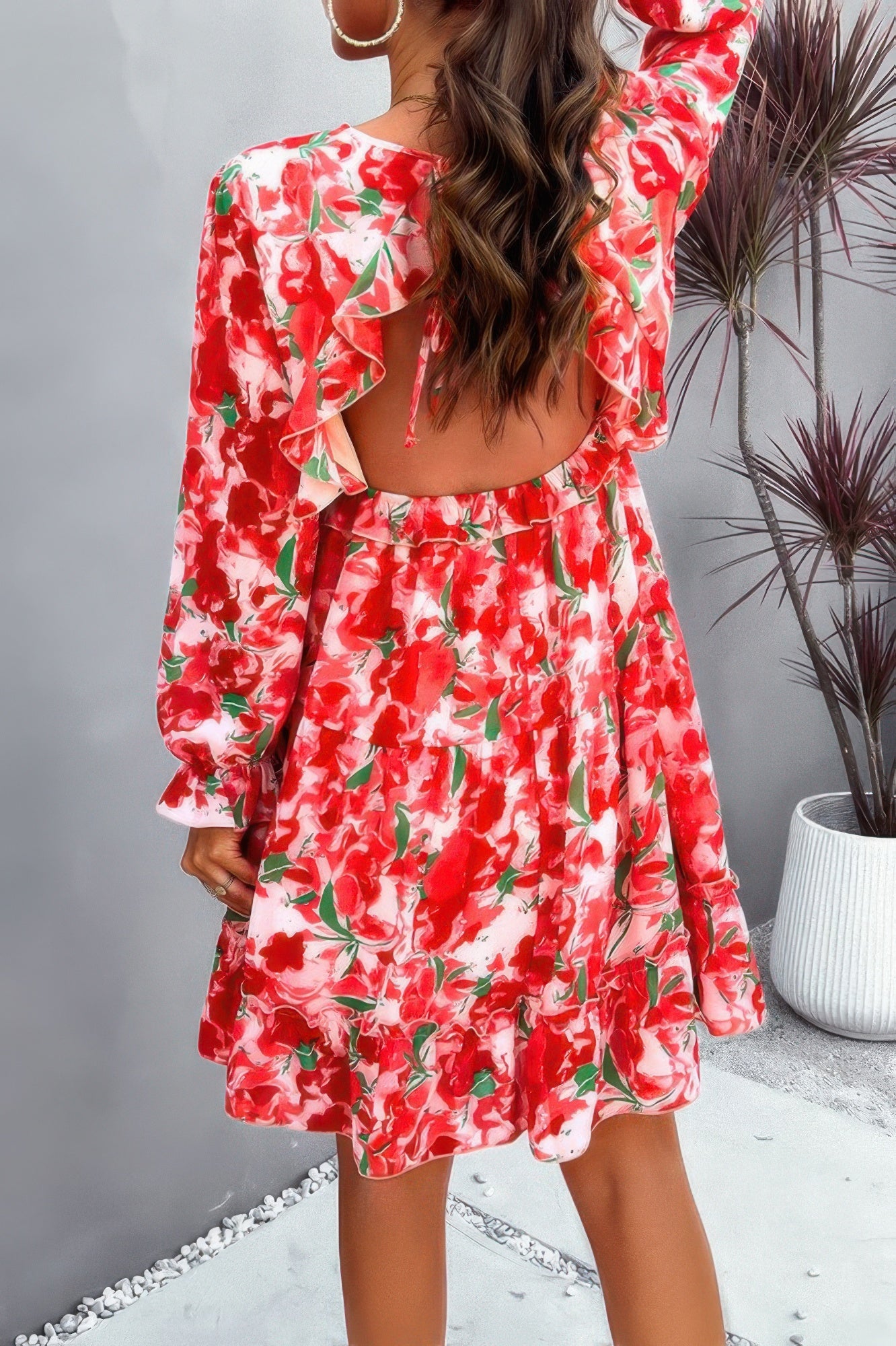 Elegant Printed V Neck Ruffled A Line Mini Dress product image