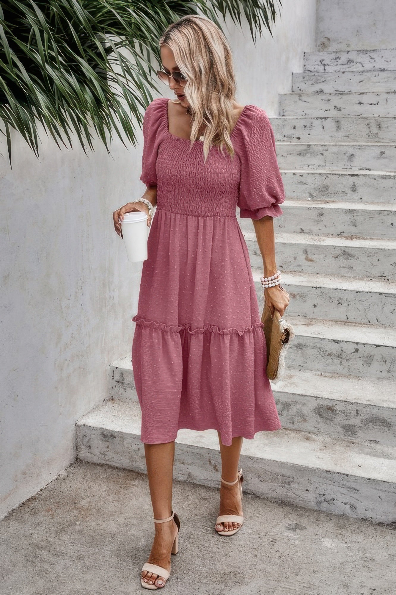 Square Neck Puff Sleeve Ruffle Hem Dress product image