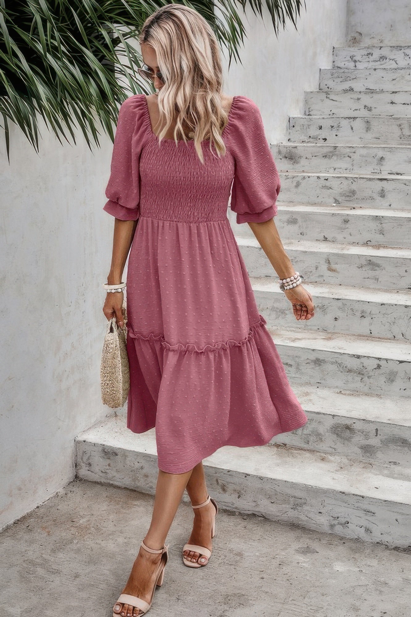 Square Neck Puff Sleeve Ruffle Hem Dress product image