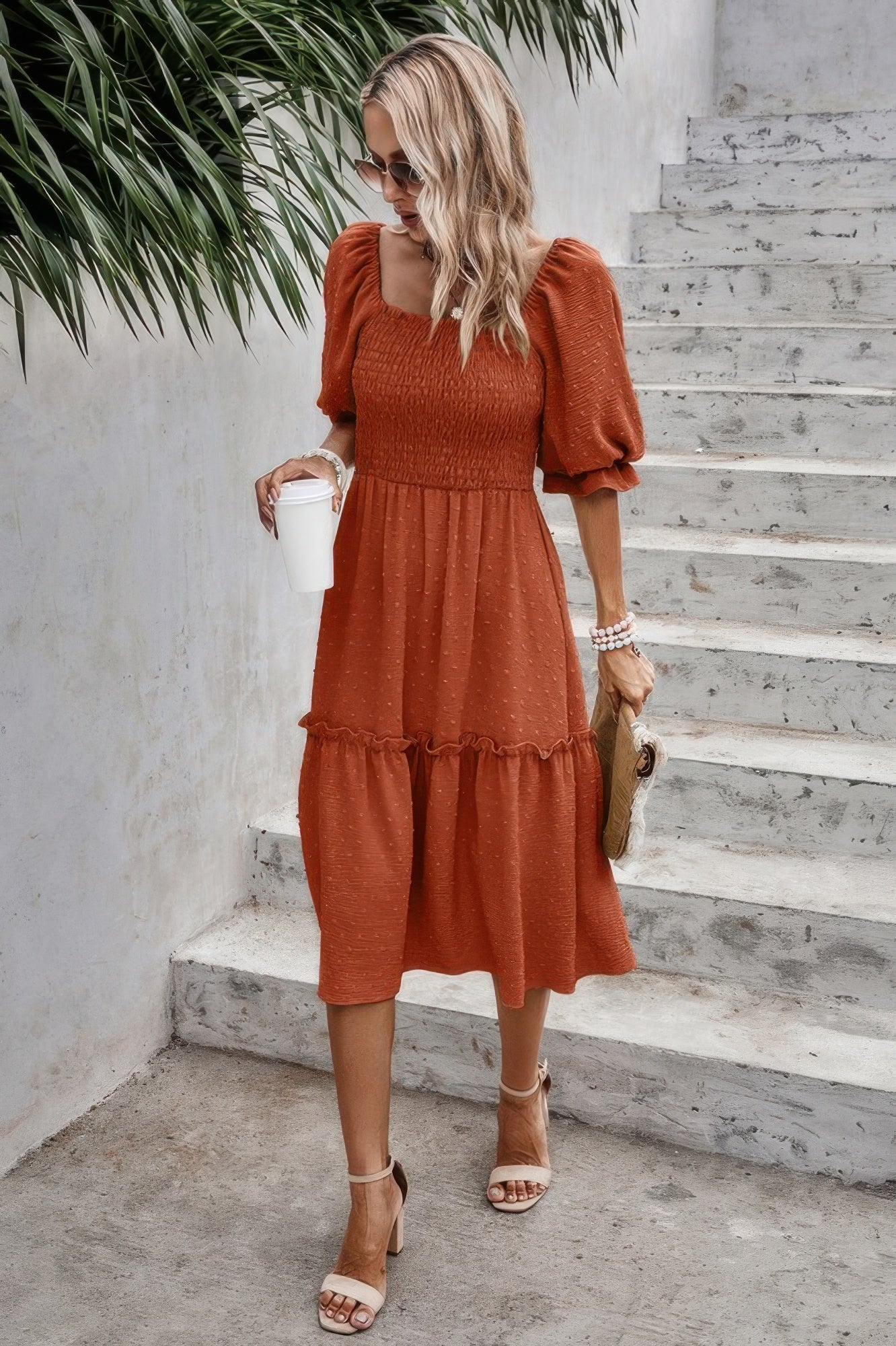 Square Neck Puff Sleeve Ruffle Hem Dress product image