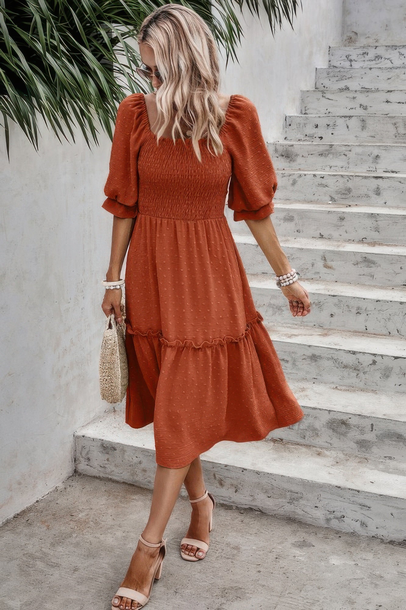 Square Neck Puff Sleeve Ruffle Hem Dress product image