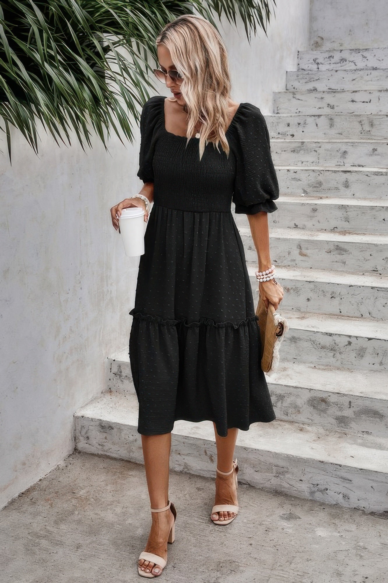 Square Neck Puff Sleeve Ruffle Hem Dress product image