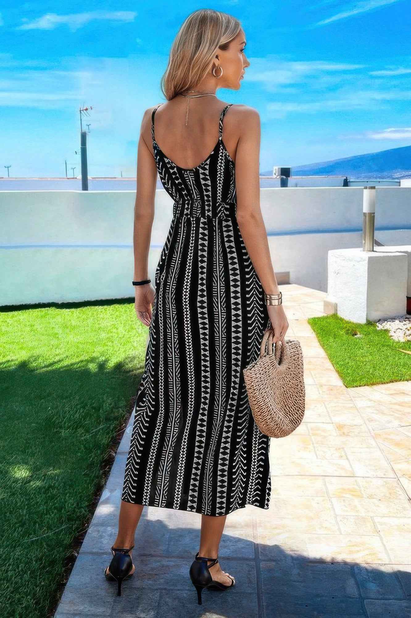 V Neck Geo Print Split Thigh Sleeveless Cami Dress V Neck Geo Print Split Thigh Sleeveless Cami Dress