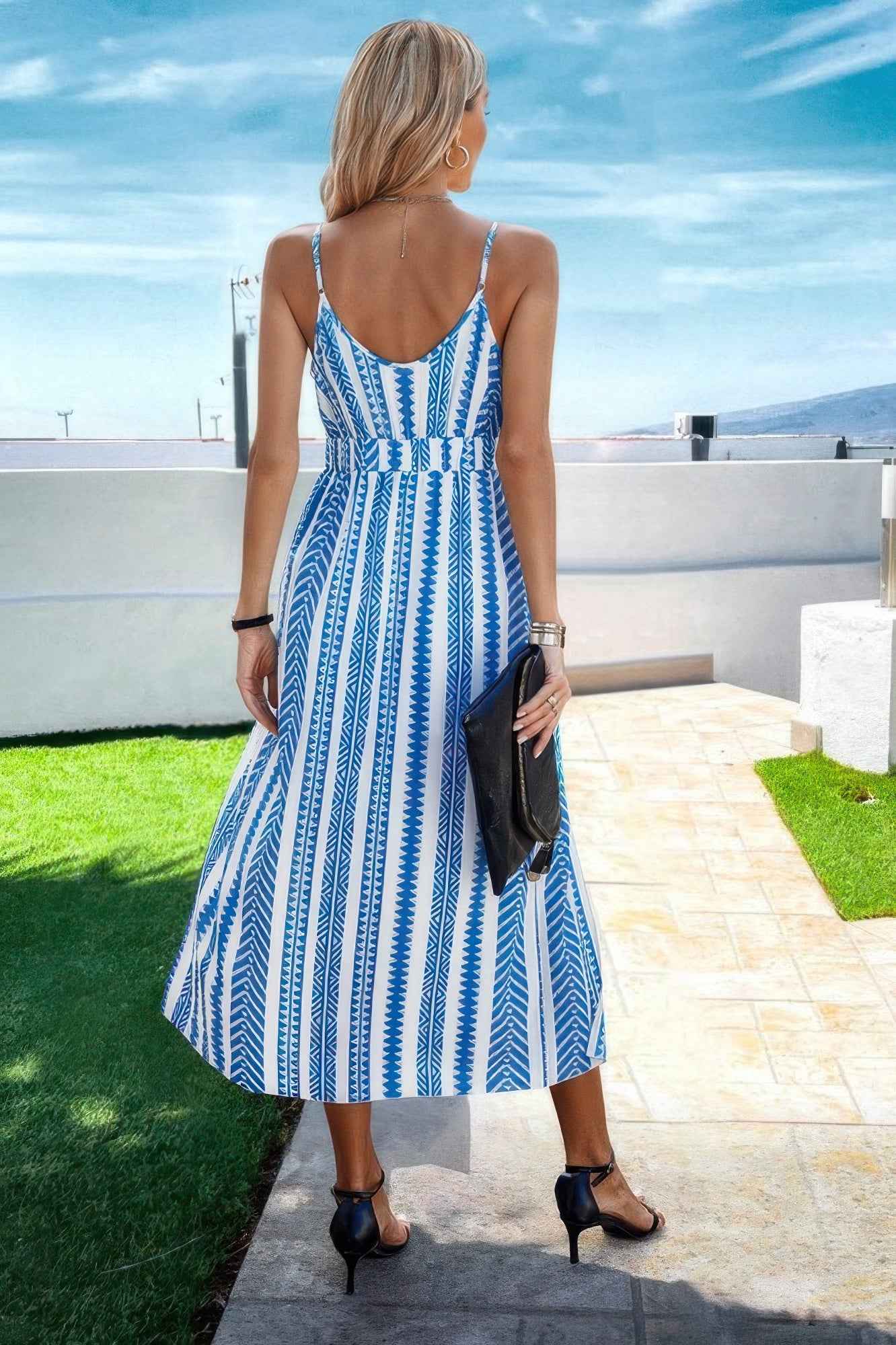 V Neck Geo Print Split Thigh Sleeveless Cami Dress V Neck Geo Print Split Thigh Sleeveless Cami Dress