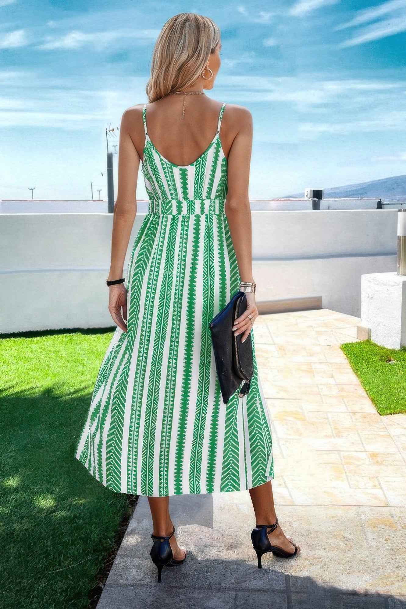 V Neck Geo Print Split Thigh Sleeveless Cami Dress V Neck Geo Print Split Thigh Sleeveless Cami Dress