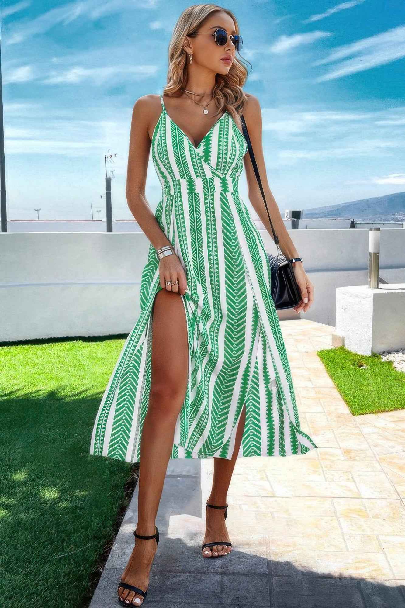 V Neck Geo Print Split Thigh Sleeveless Cami Dress V Neck Geo Print Split Thigh Sleeveless Cami Dress