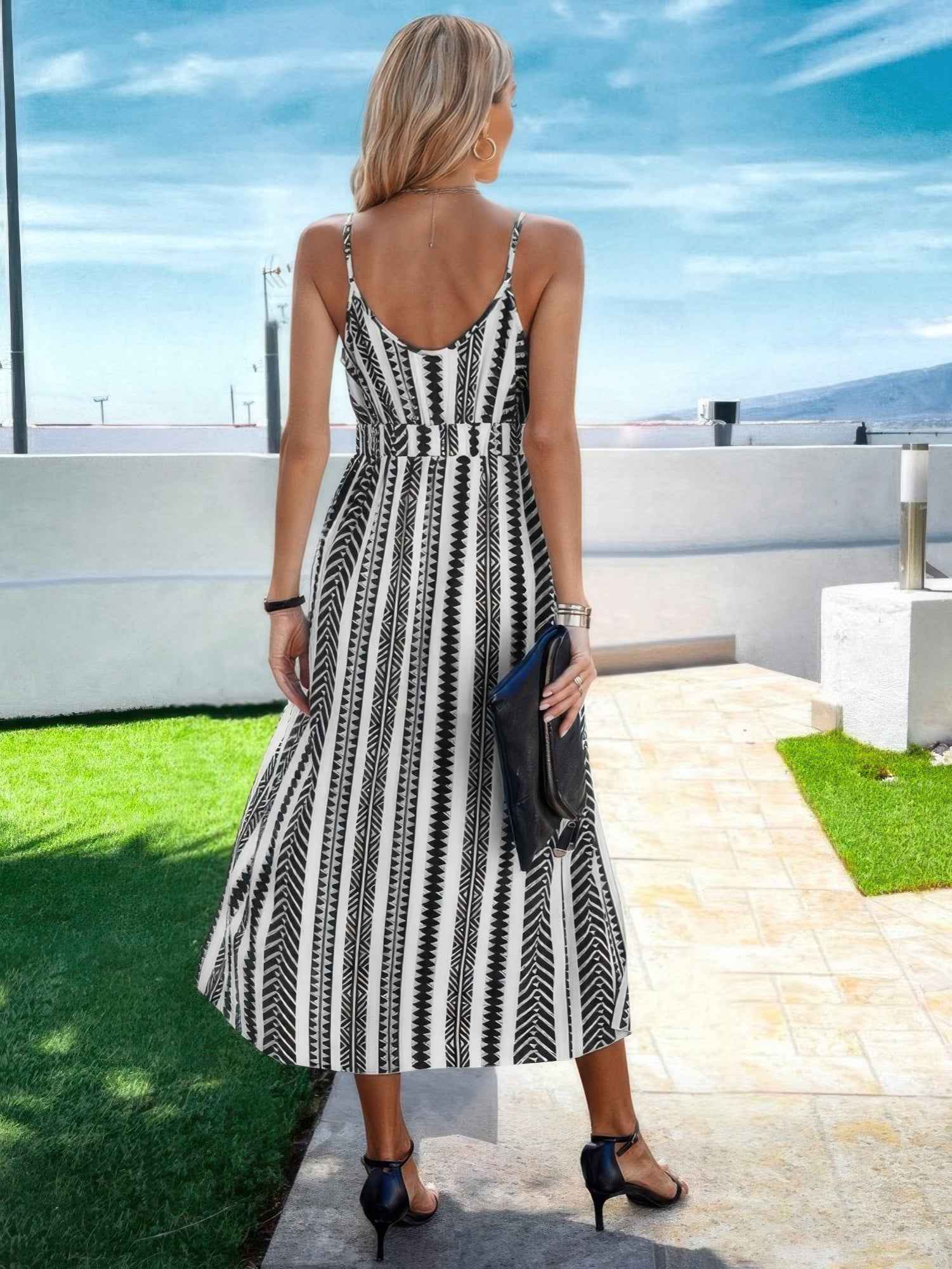 V Neck Geo Print Split Thigh Sleeveless Cami Dress V Neck Geo Print Split Thigh Sleeveless Cami Dress