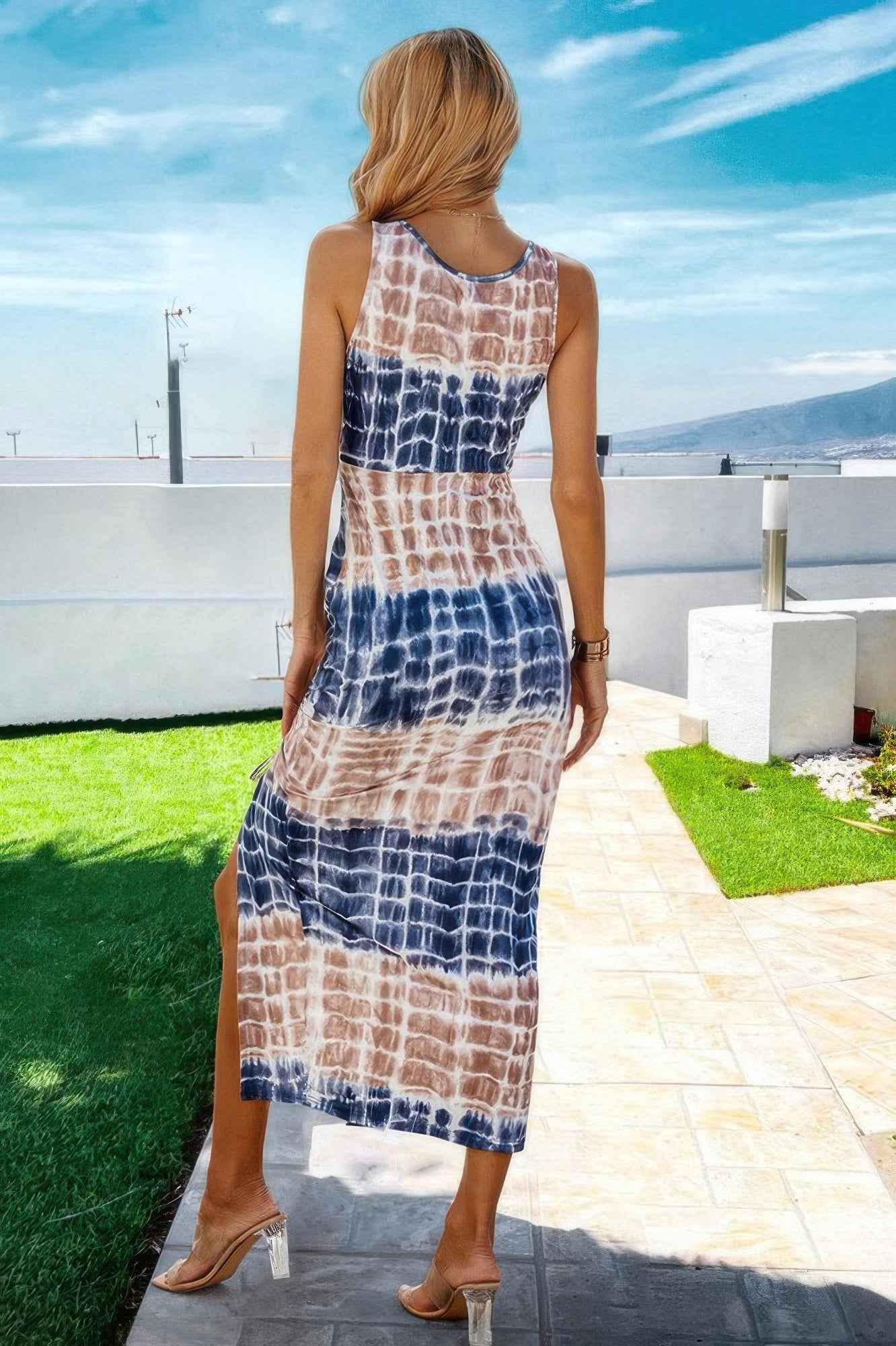 Scoop Neck Tie Dye Split Thigh Drawstring Midi Dress Scoop Neck Tie Dye Split Thigh Drawstring Midi Dress