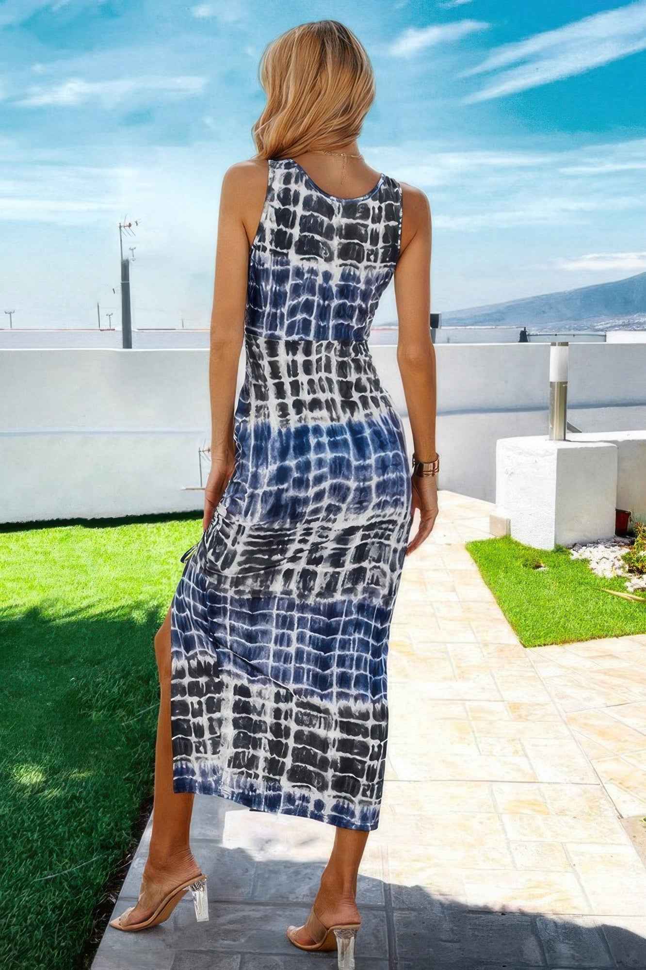 Scoop Neck Tie Dye Split Thigh Drawstring Midi Dress Scoop Neck Tie Dye Split Thigh Drawstring Midi Dress