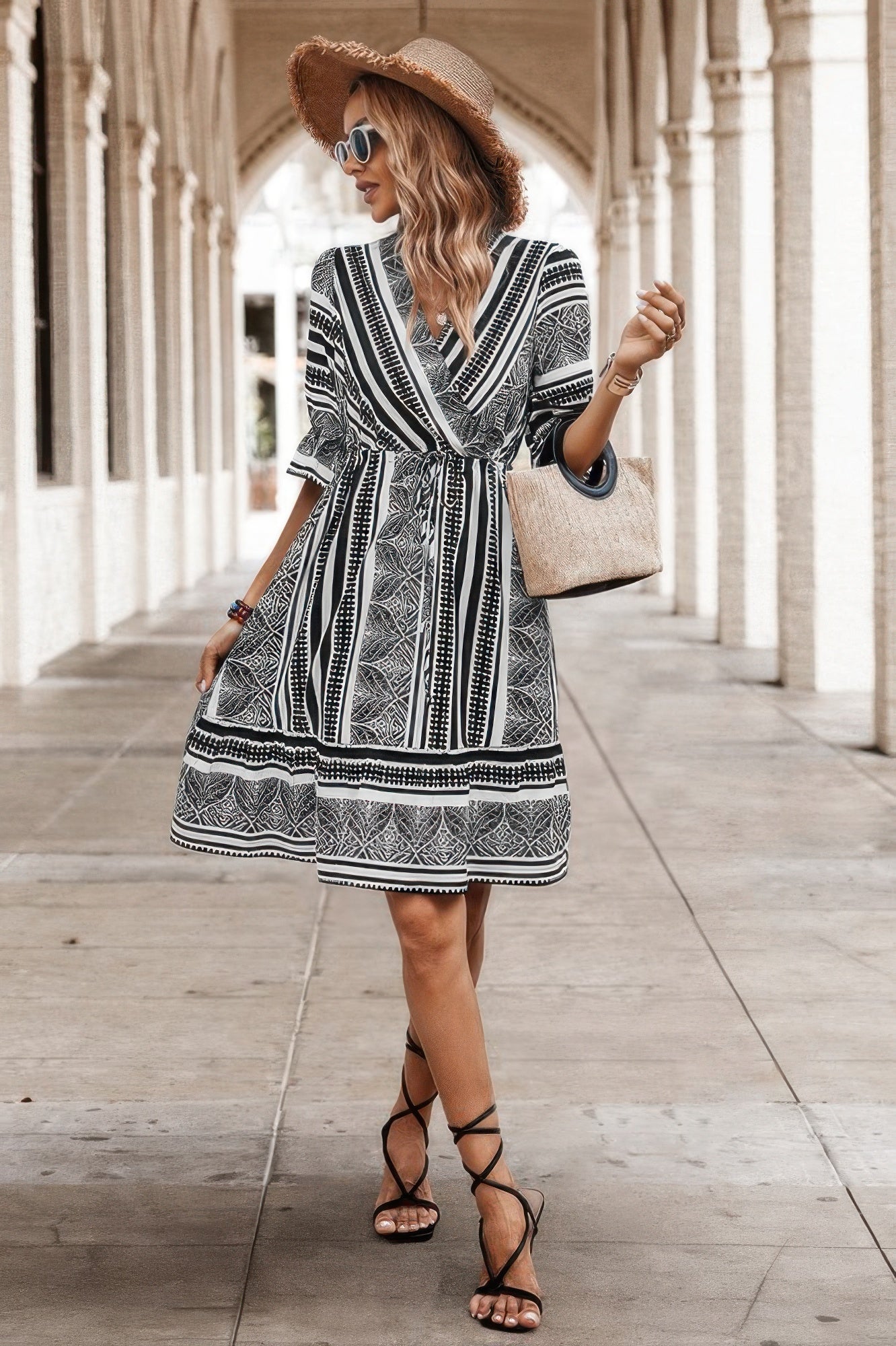 Allover Print Surplice Neck Ruffle Hem Fit Dress product image