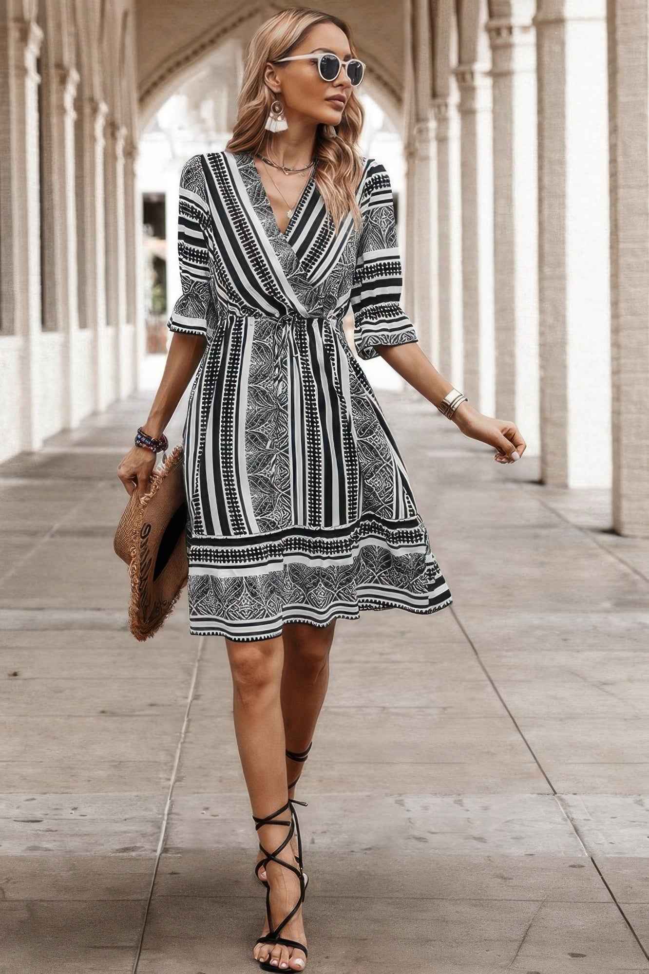 Allover Print Surplice Neck Ruffle Hem Fit Dress Allover Print Surplice Neck Ruffle Hem Fit Dress