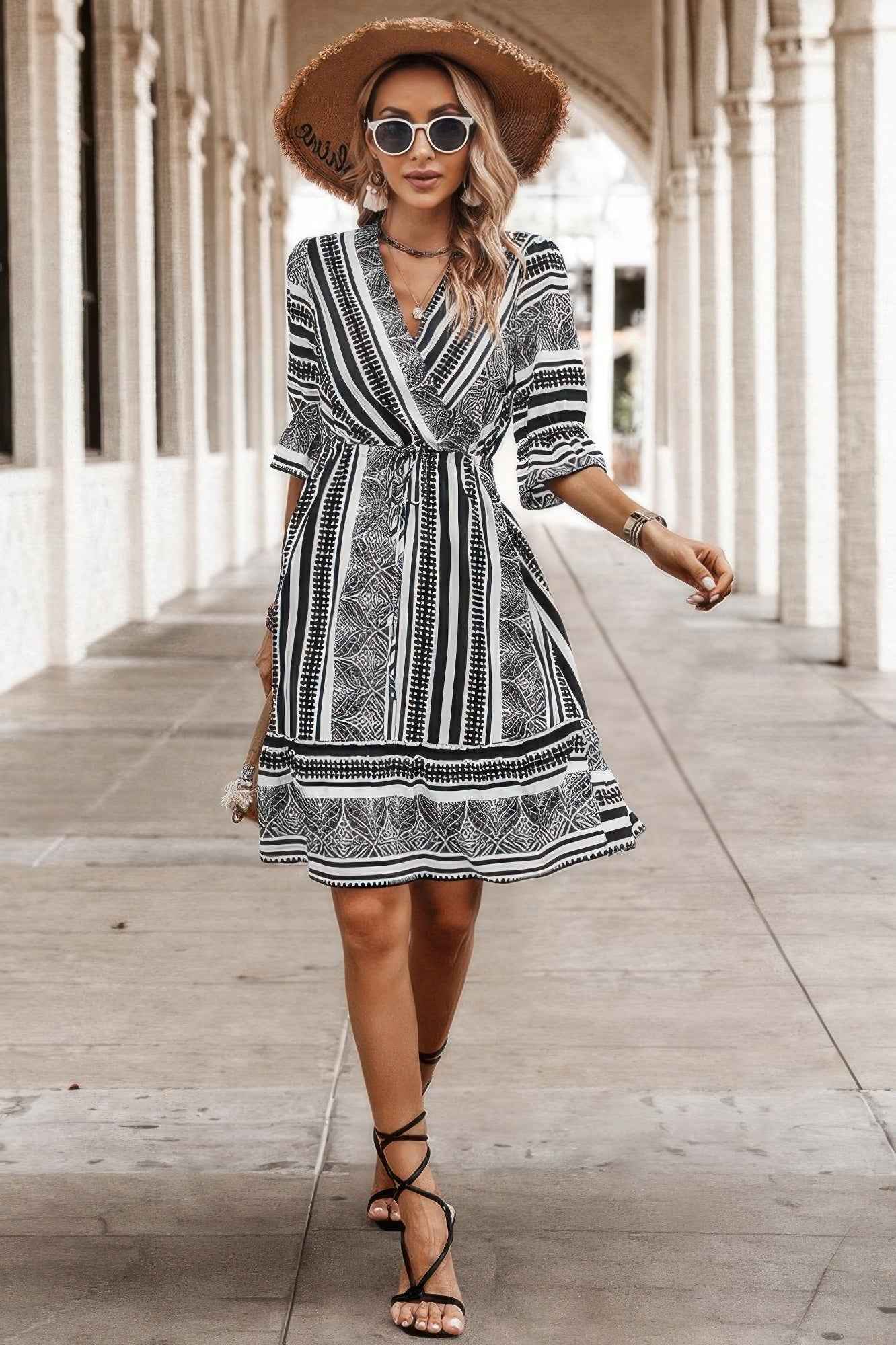 Allover Print Surplice Neck Ruffle Hem Fit Dress Allover Print Surplice Neck Ruffle Hem Fit Dress