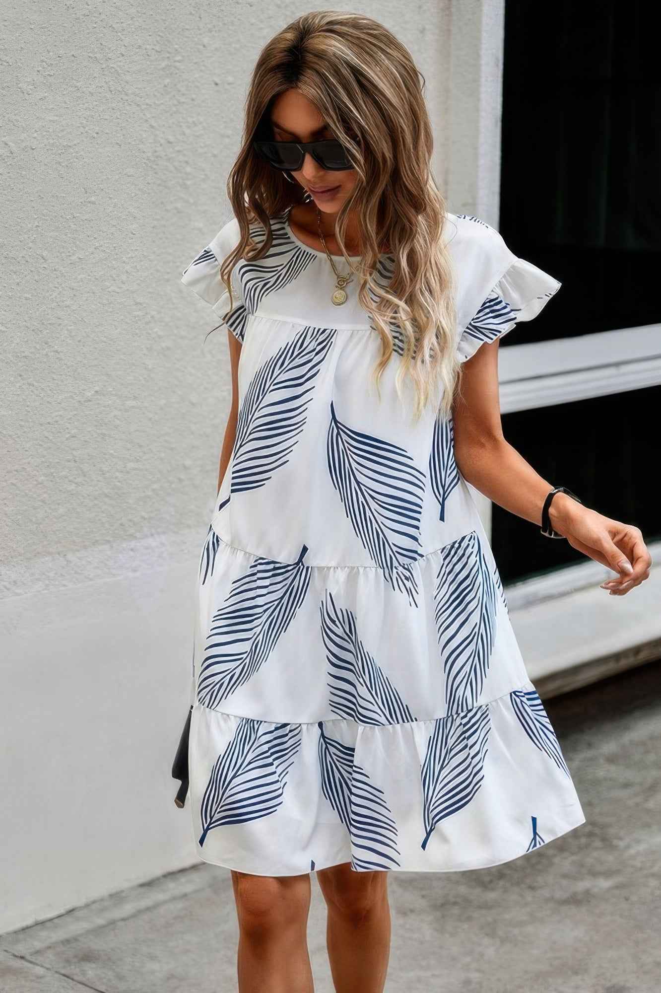 Leaf Print Ruffle Sleeves A Line Midi Dress Leaf Print Ruffle Sleeves A Line Midi Dress