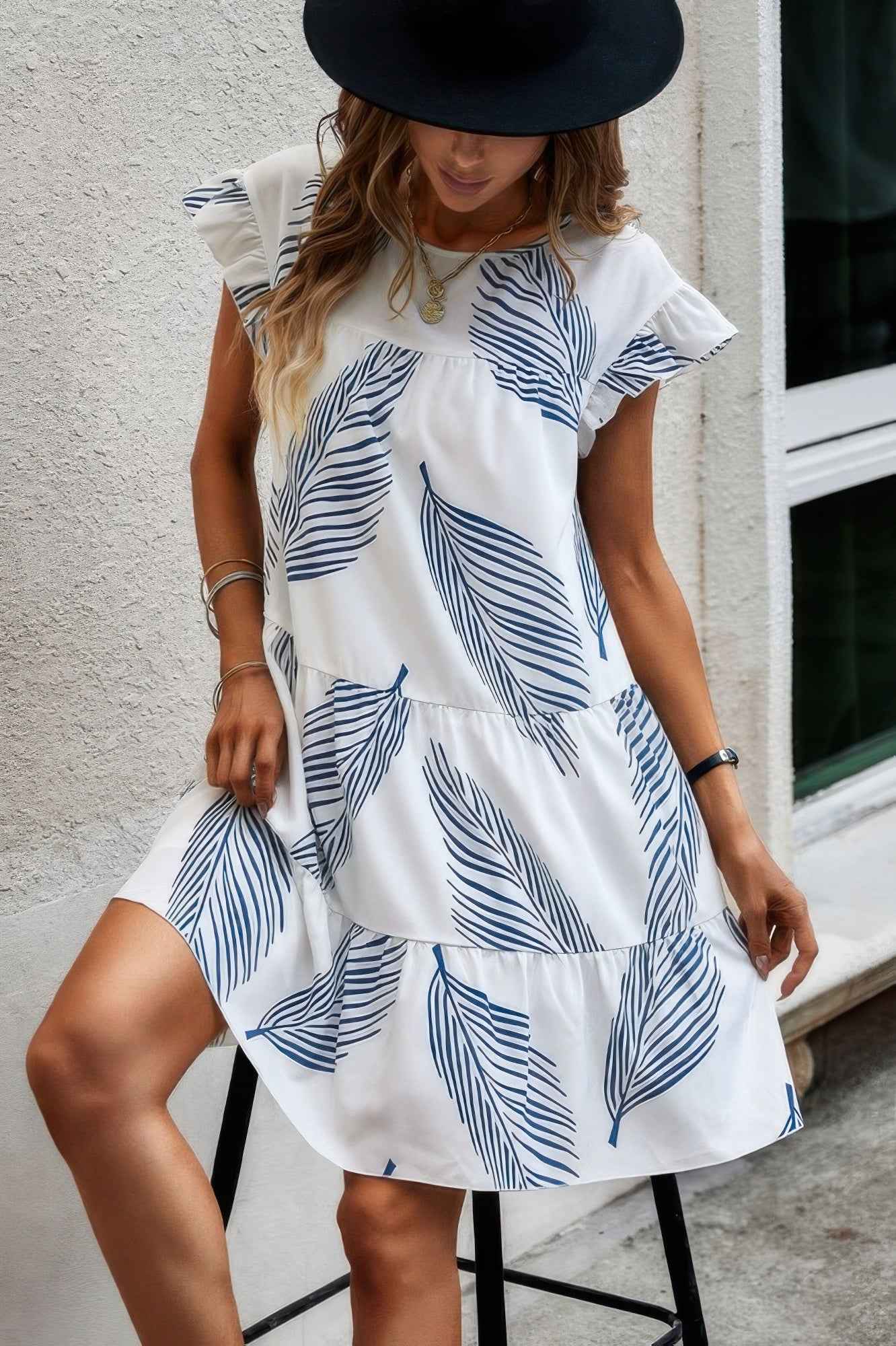 Leaf Print Ruffle Sleeves A Line Midi Dress Leaf Print Ruffle Sleeves A Line Midi Dress