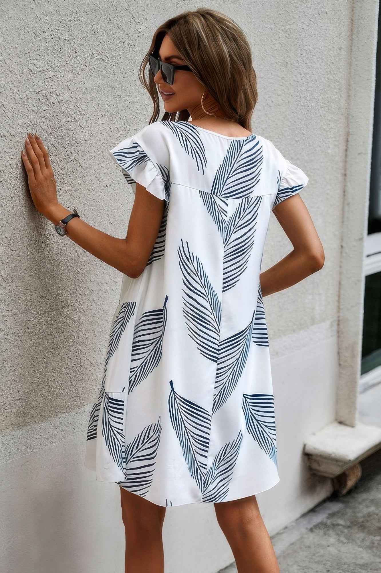 Leaf Print Ruffle Sleeves A Line Midi Dress Leaf Print Ruffle Sleeves A Line Midi Dress