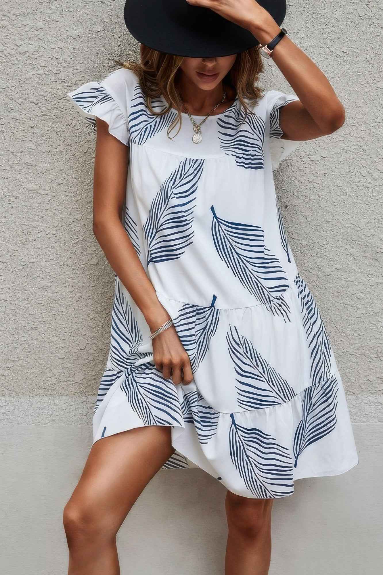 Leaf Print Ruffle Sleeves A Line Midi Dress Leaf Print Ruffle Sleeves A Line Midi Dress