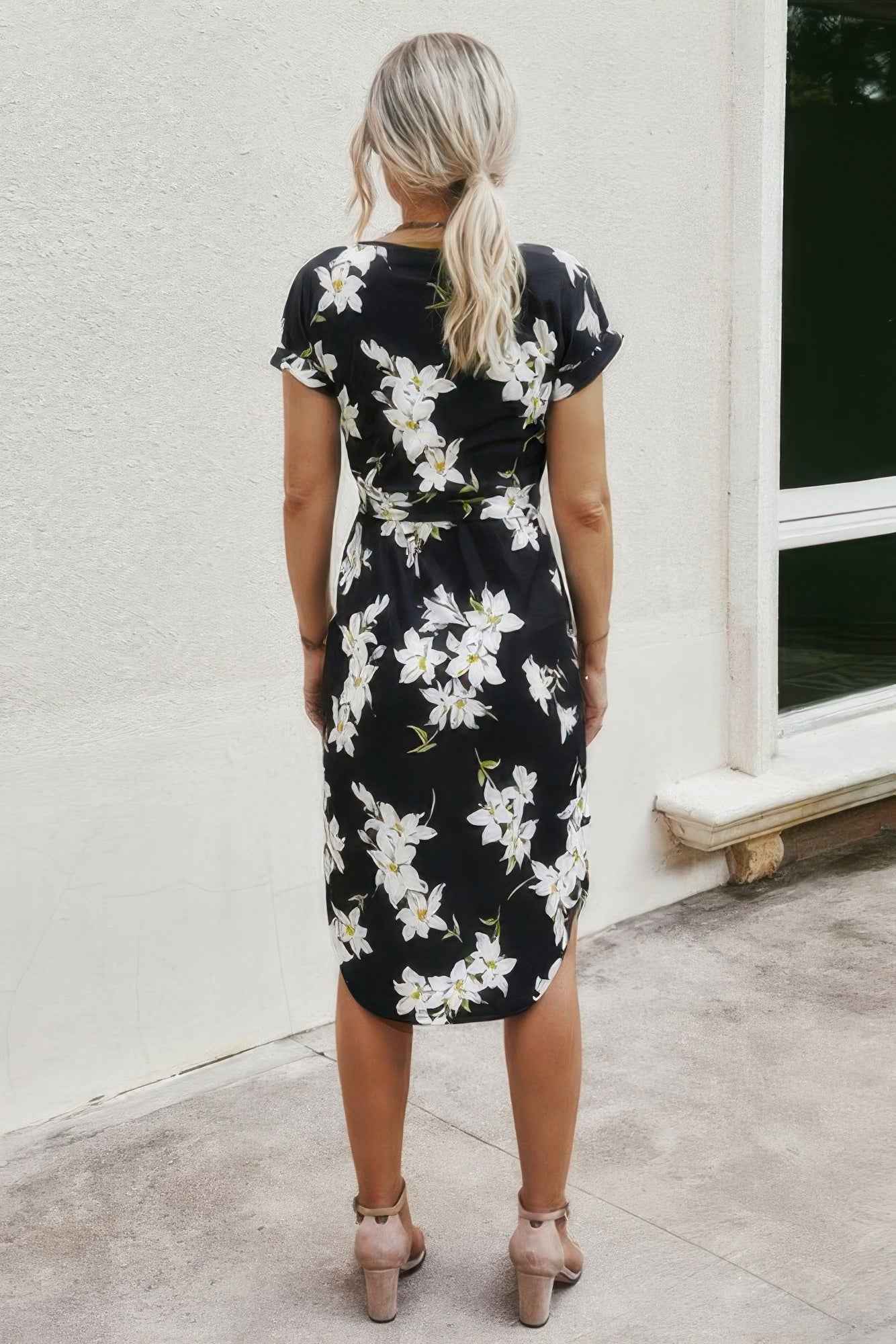 Notched Neck Floral Print Belted Fit Dress Notched Neck Floral Print Belted Fit Dress