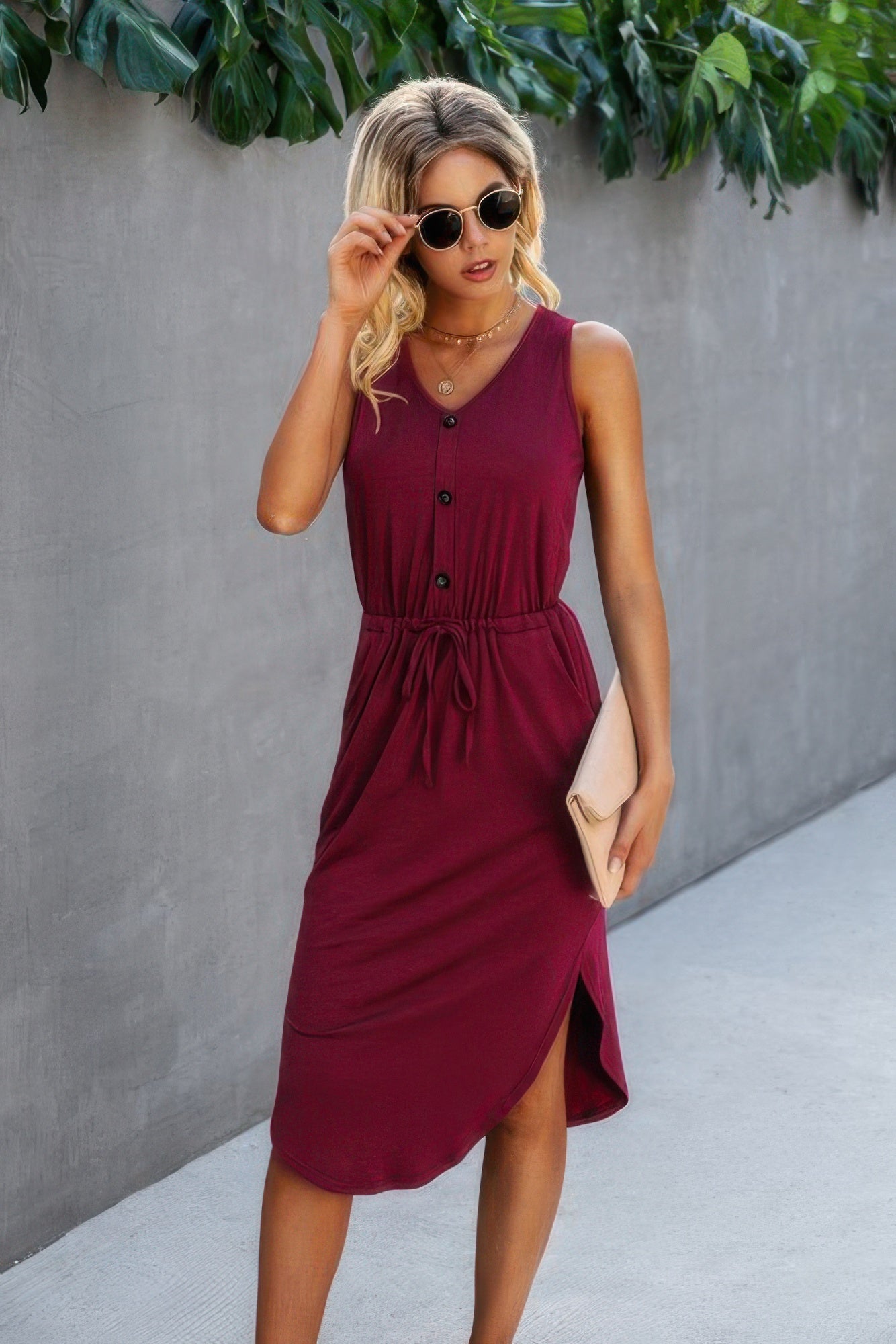 Solid V Neck Drawstring Waist Curved Hem Dress product image